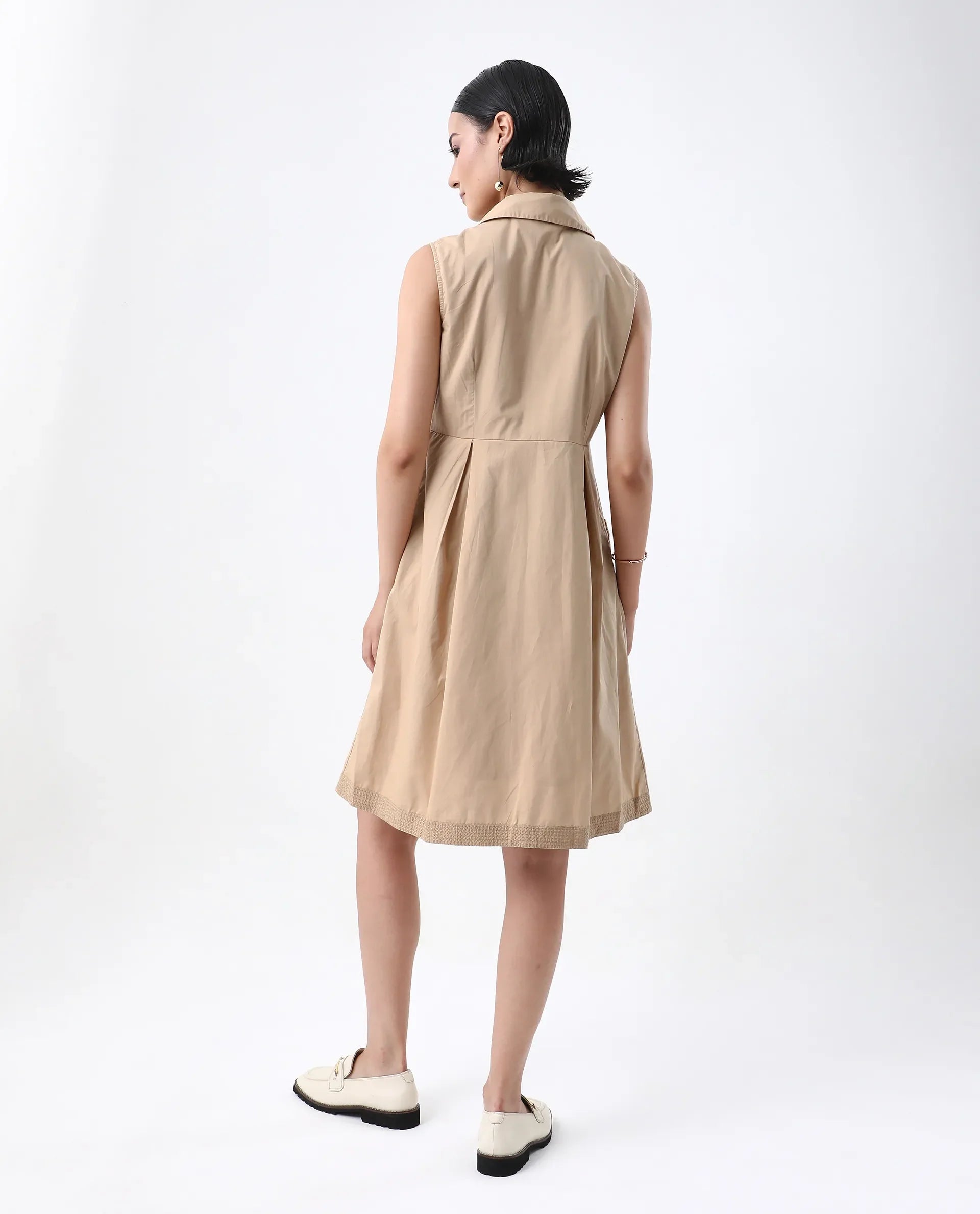 Rareism Women's Qba Light Sand Cotton Drop Collar Plain Sleeveless Midi A-Line Dress
