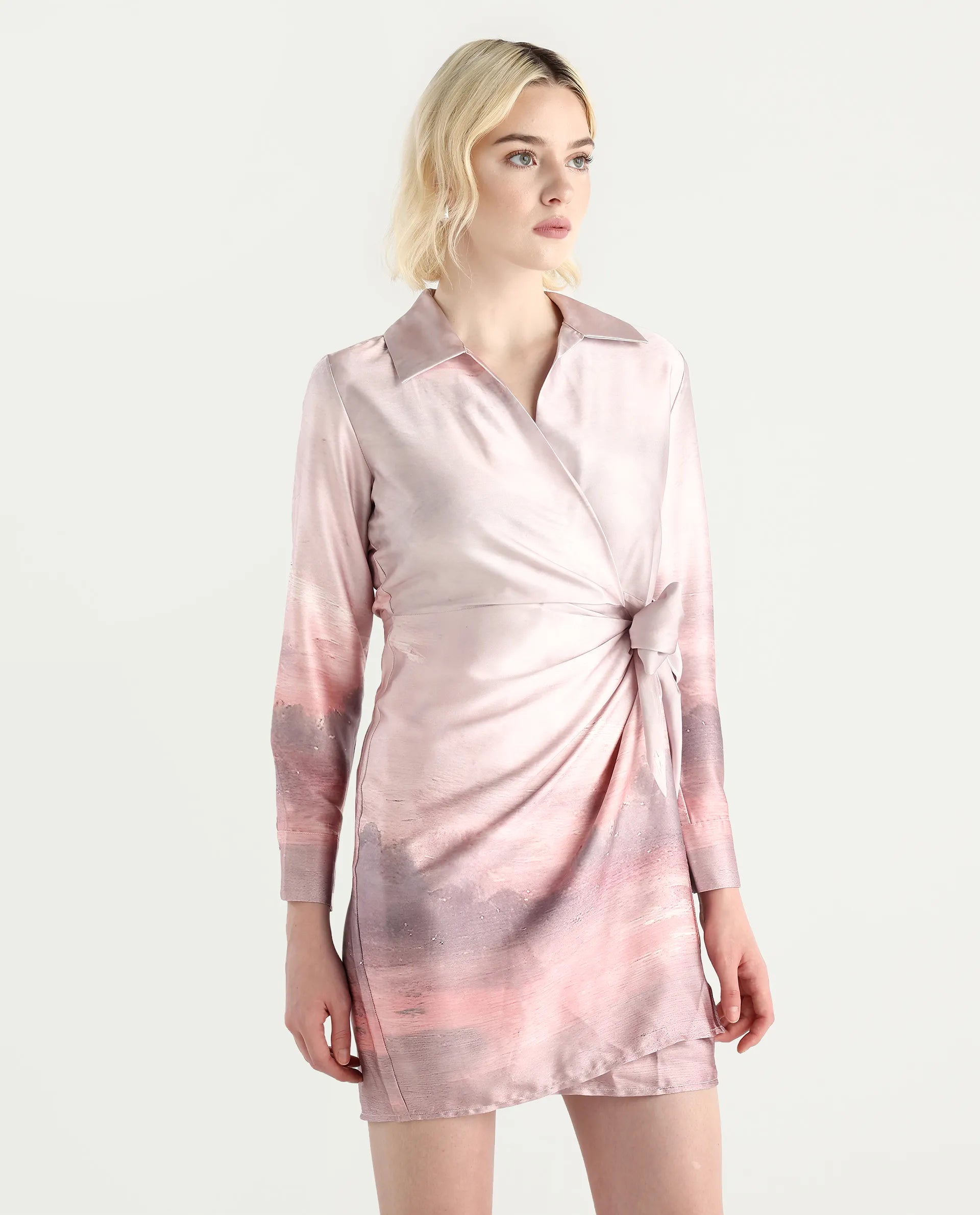 Rareism Women's Qert Dusky Multi Satin Johnny Collar Abstract Print Cuffed Sleeve Mini Straight Fit Dress