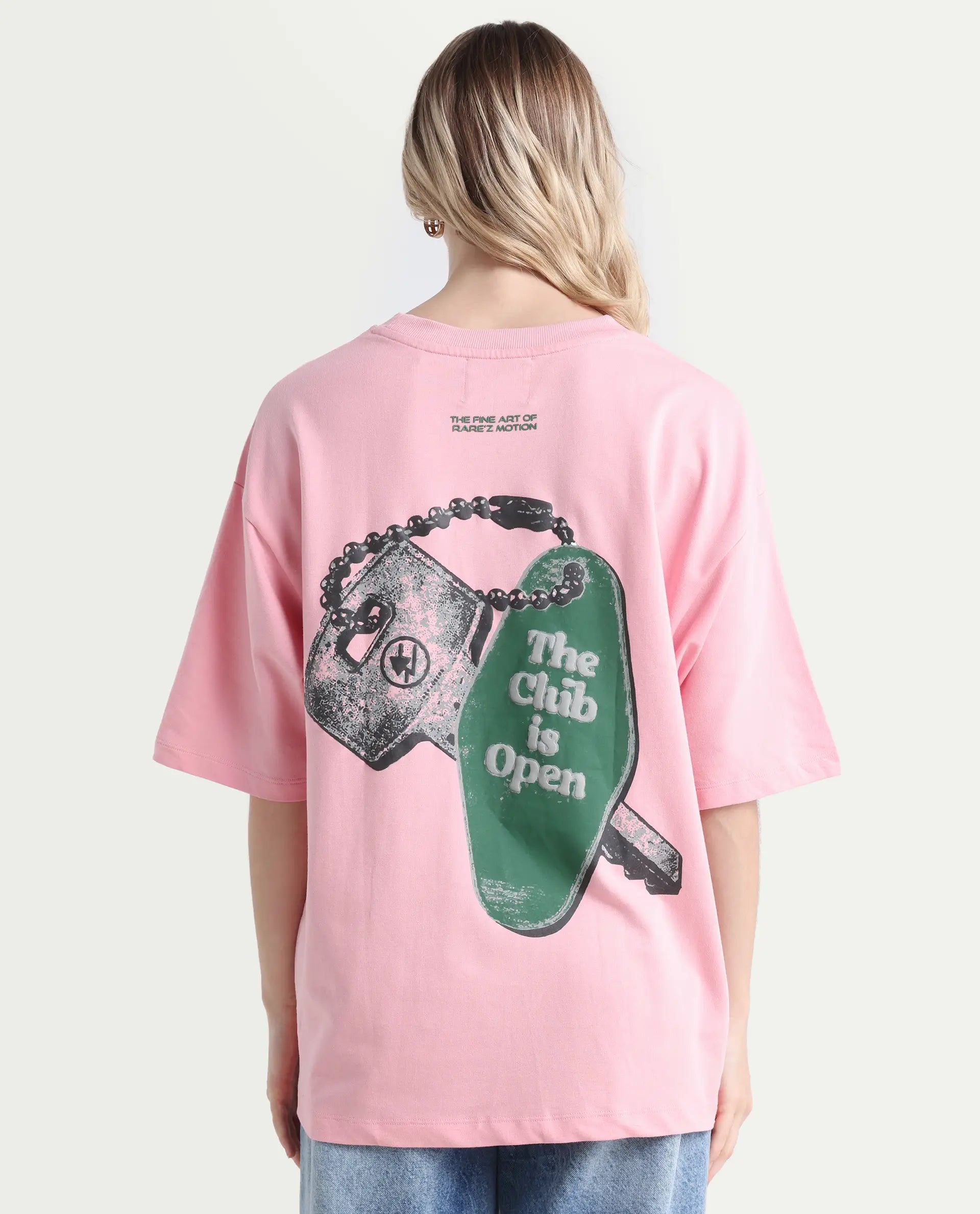 Rareism Women's Qlax Pink Cotton Graphic Print Oversized T-Shirt