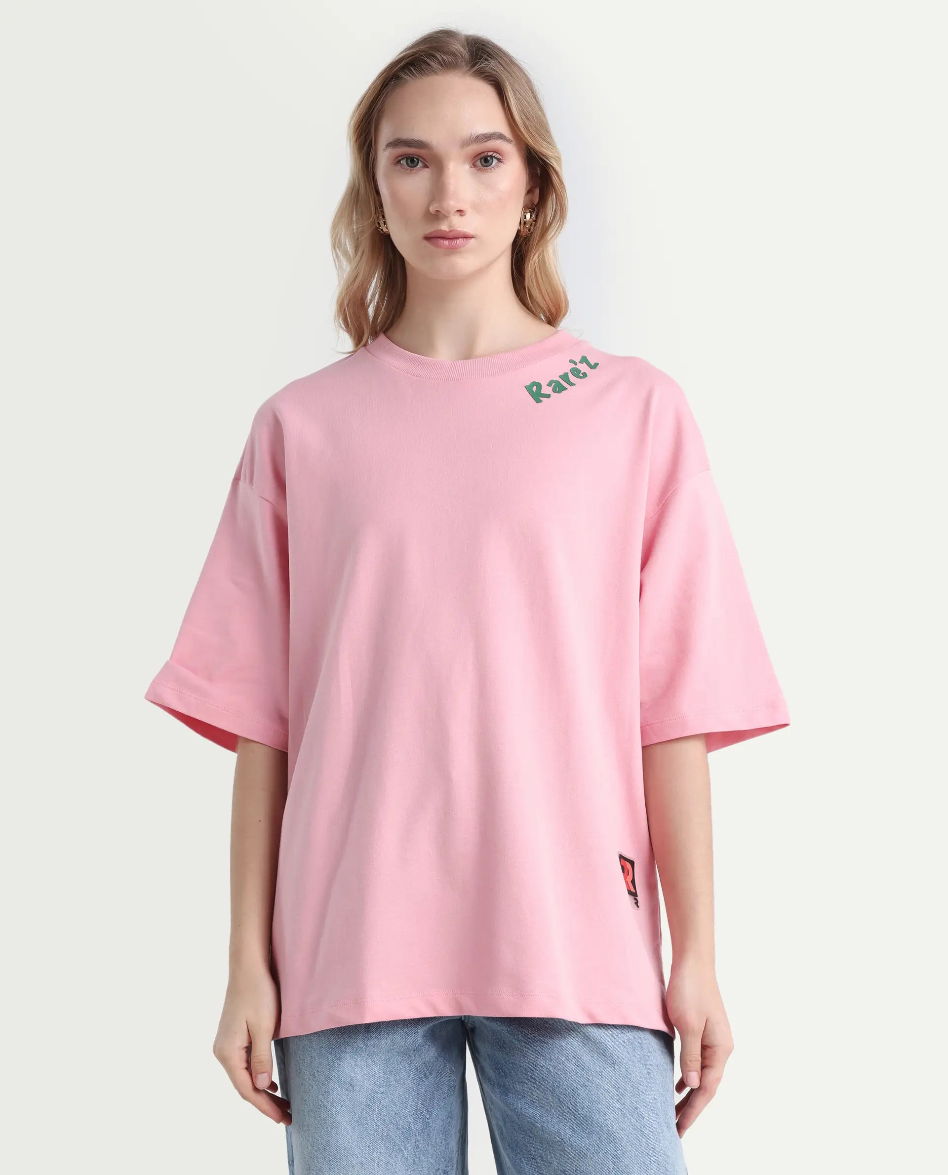 Rareism Women's Qlax Pink Cotton Graphic Print Oversized T-Shirt