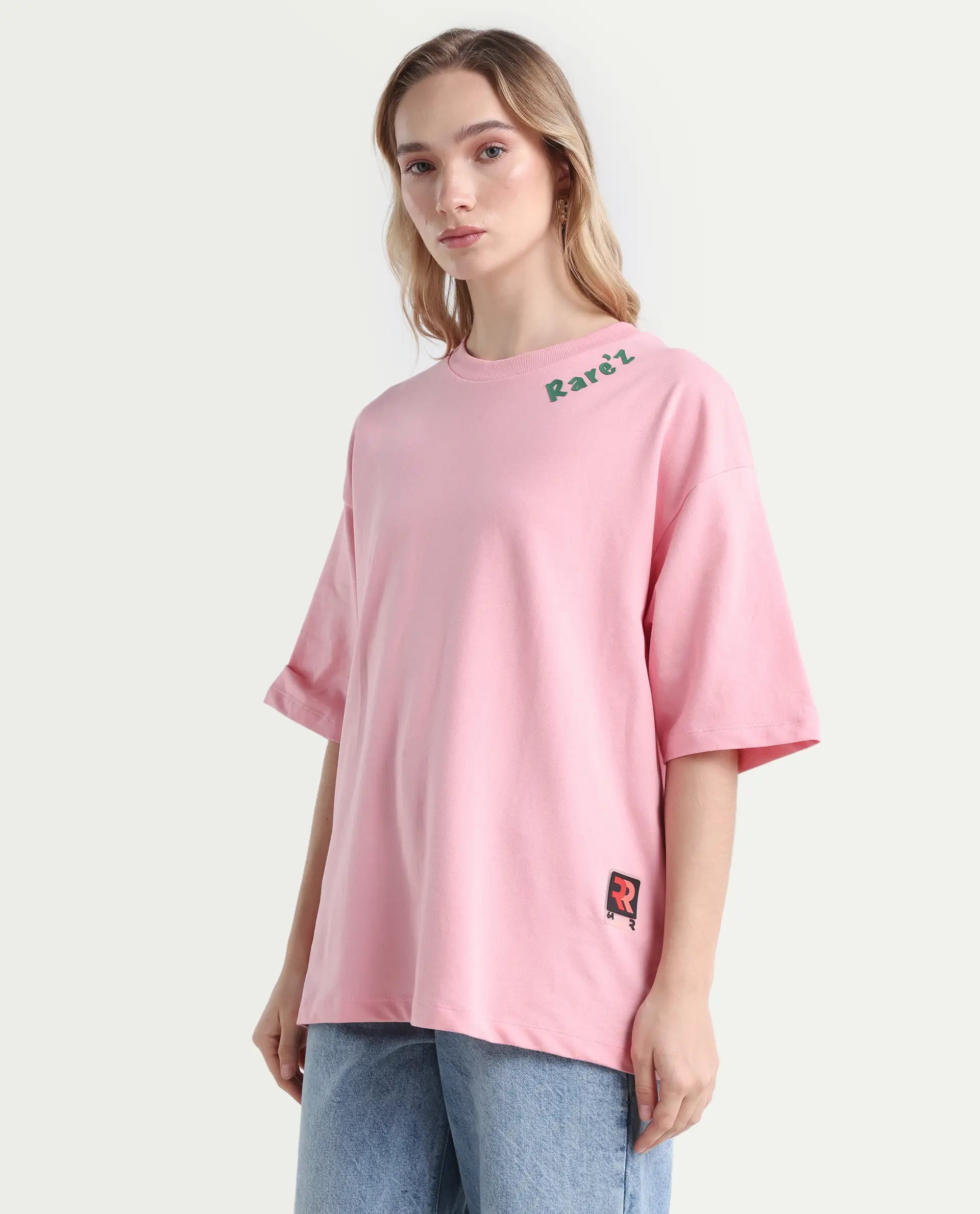 Rareism Women's Qlax Pink Cotton Graphic Print Oversized T-Shirt