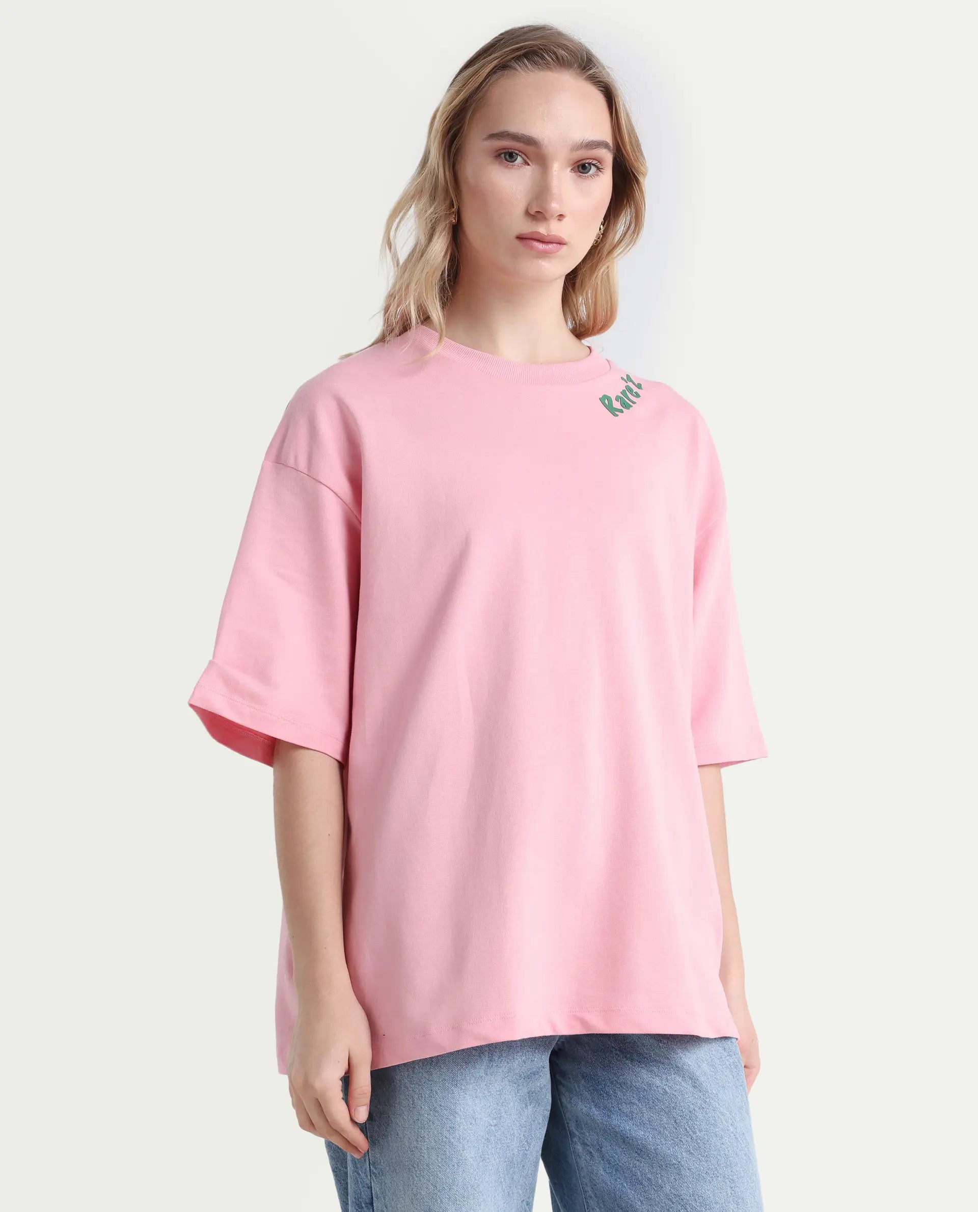 Rareism Women's Qlax Pink Cotton Graphic Print Oversized T-Shirt