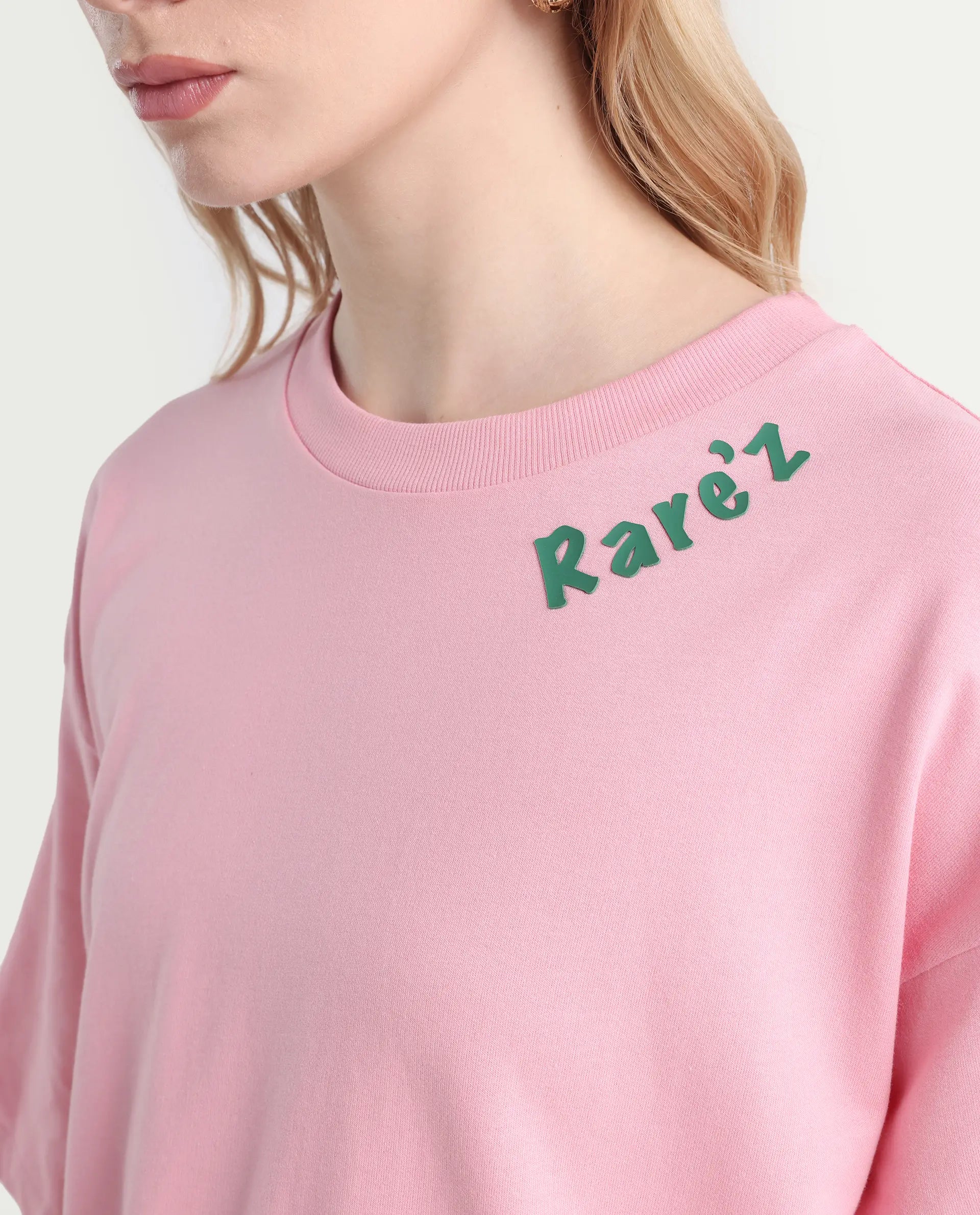 Rareism Women's Qlax Pink Cotton Graphic Print Oversized T-Shirt