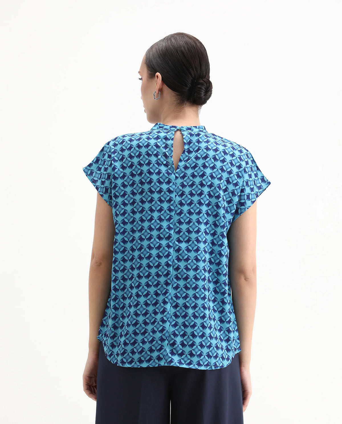 Rareism Women's Qoat Blue Polyester Blend High Neck Geometric Print Extended Sleeves Regular Fit Top