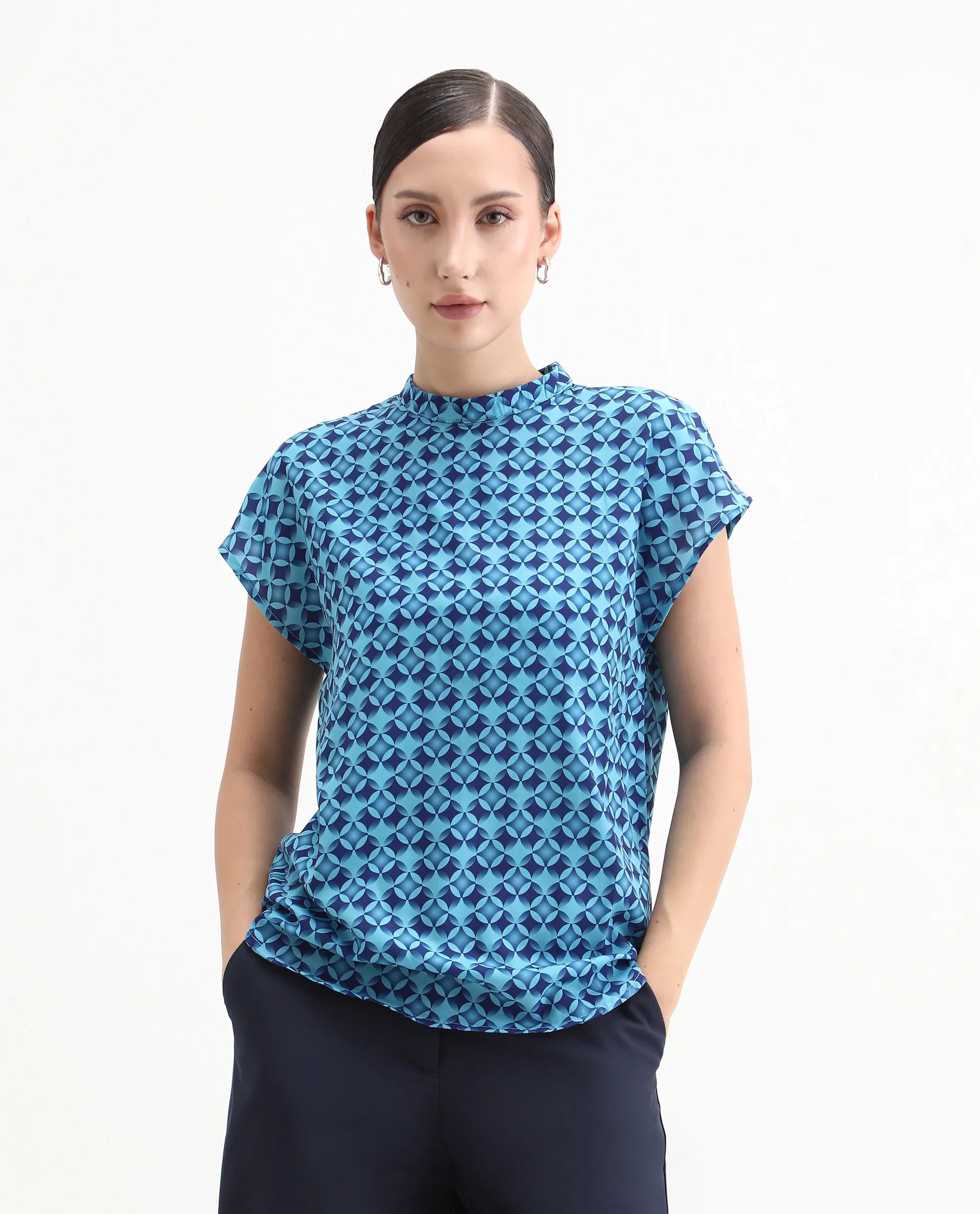 Rareism Women's Qoat Blue Polyester Blend High Neck Geometric Print Extended Sleeves Regular Fit Top