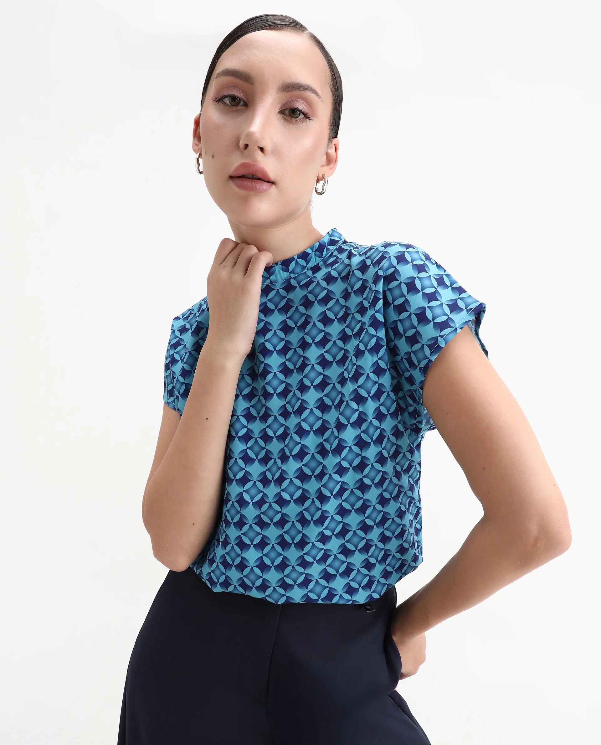 Rareism Women's Qoat Blue Polyester Blend High Neck Geometric Print Extended Sleeves Regular Fit Top