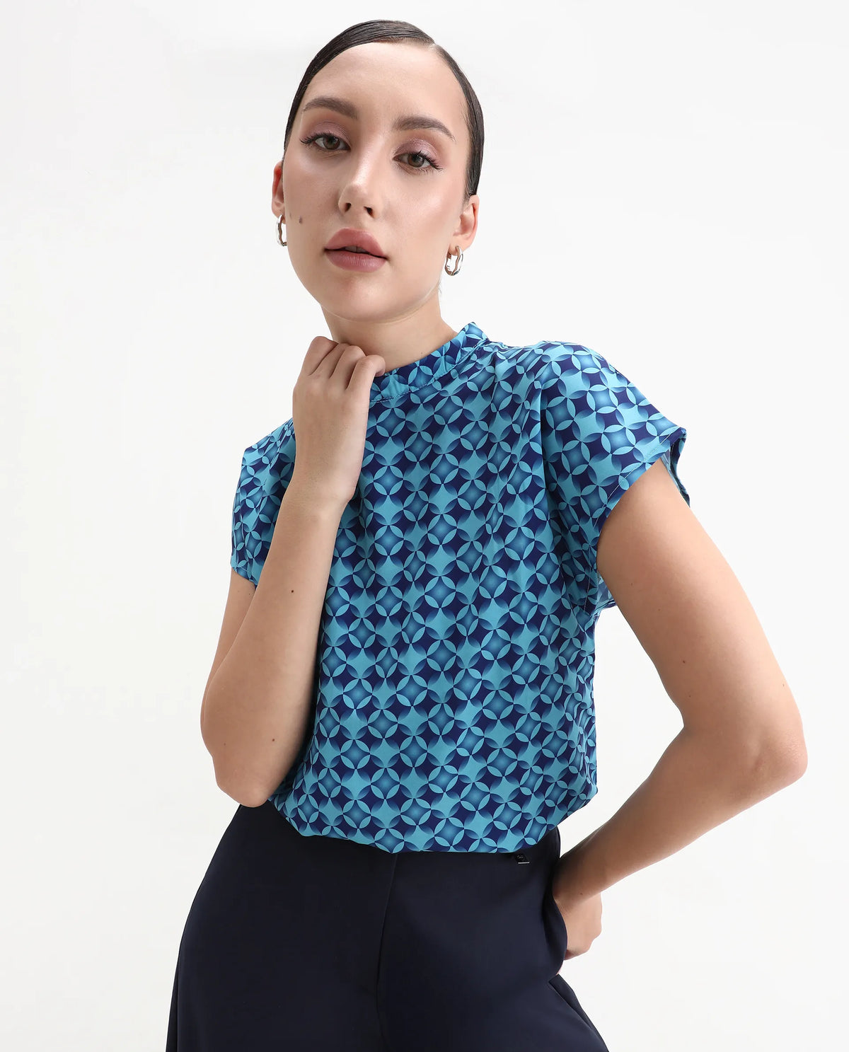 Rareism Women's Qoat Blue Polyester Blend High Neck Geometric Print Extended Sleeves Regular Fit Top