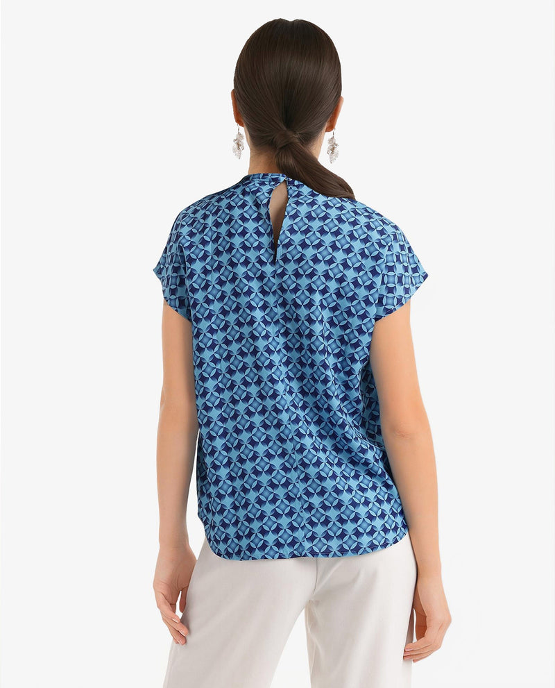 Rareism Women Qoat Blue Extended Sleeves High Neck Button Closure Graphic Print Top