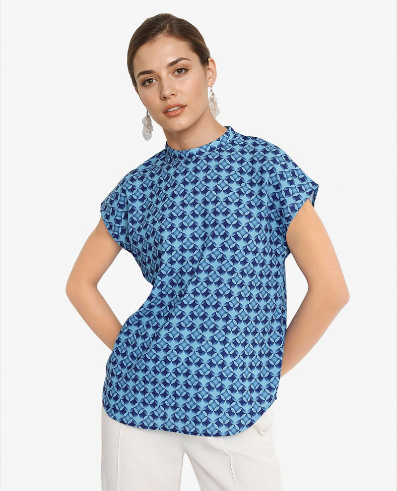 Rareism Women Qoat Blue Extended Sleeves High Neck Button Closure Graphic Print Top