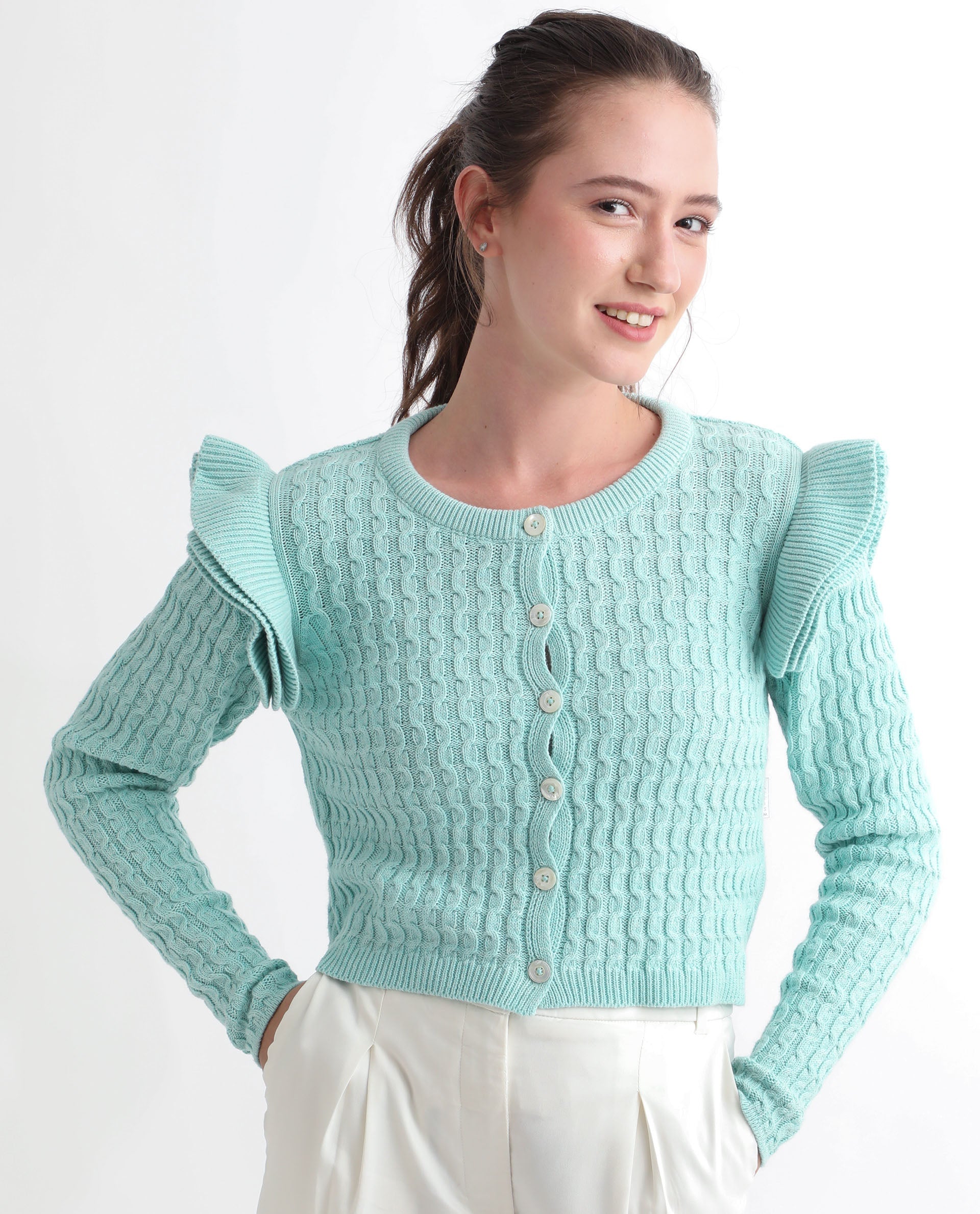 Rareism Women's Queen Blue Cotton Crew Neck Plain Regular Fit Sweater