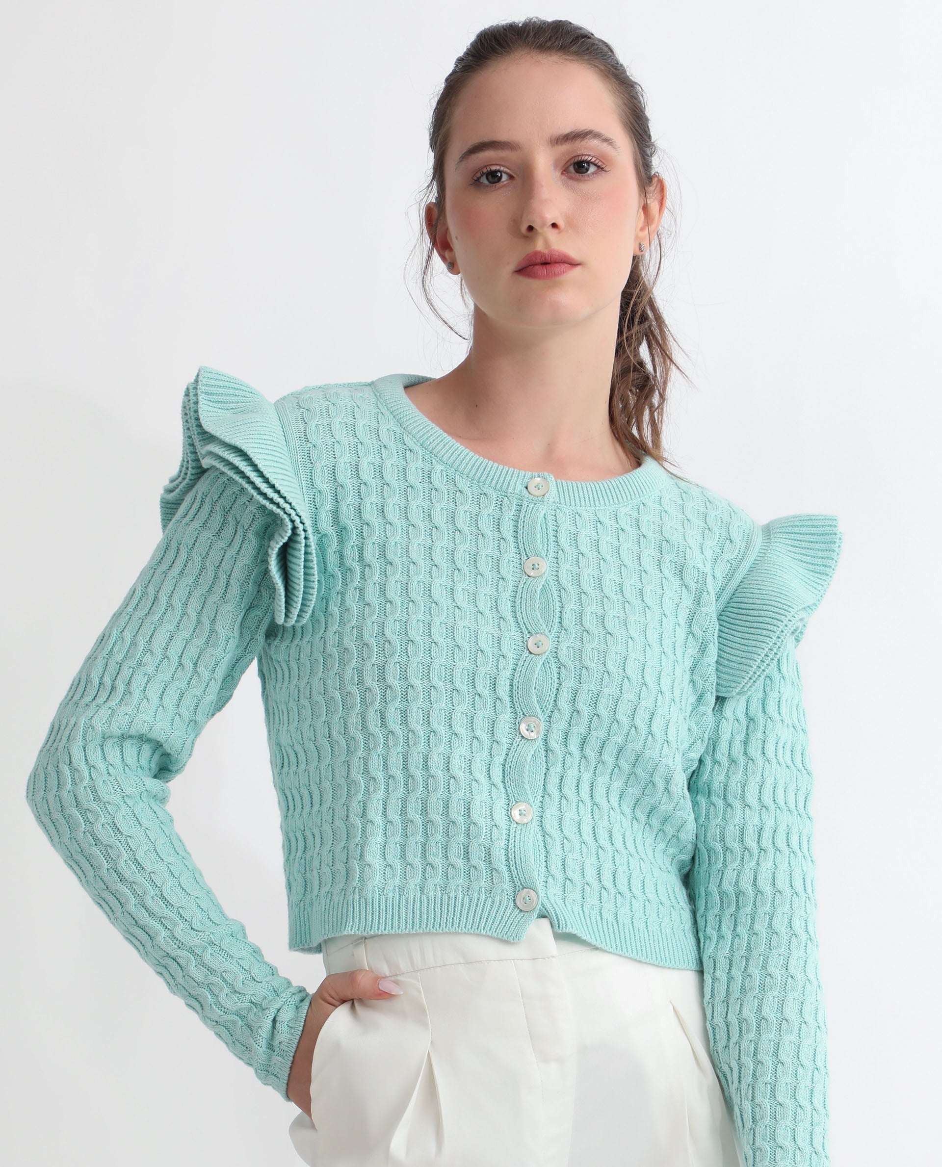 Rareism Women's Queen Blue Cotton Crew Neck Plain Regular Fit Sweater