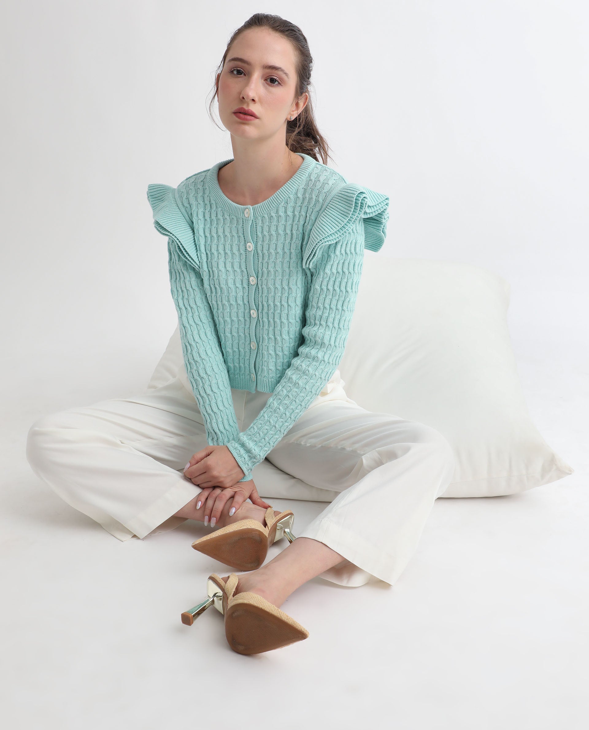 Rareism Women's Queen Blue Cotton Crew Neck Plain Regular Fit Sweater