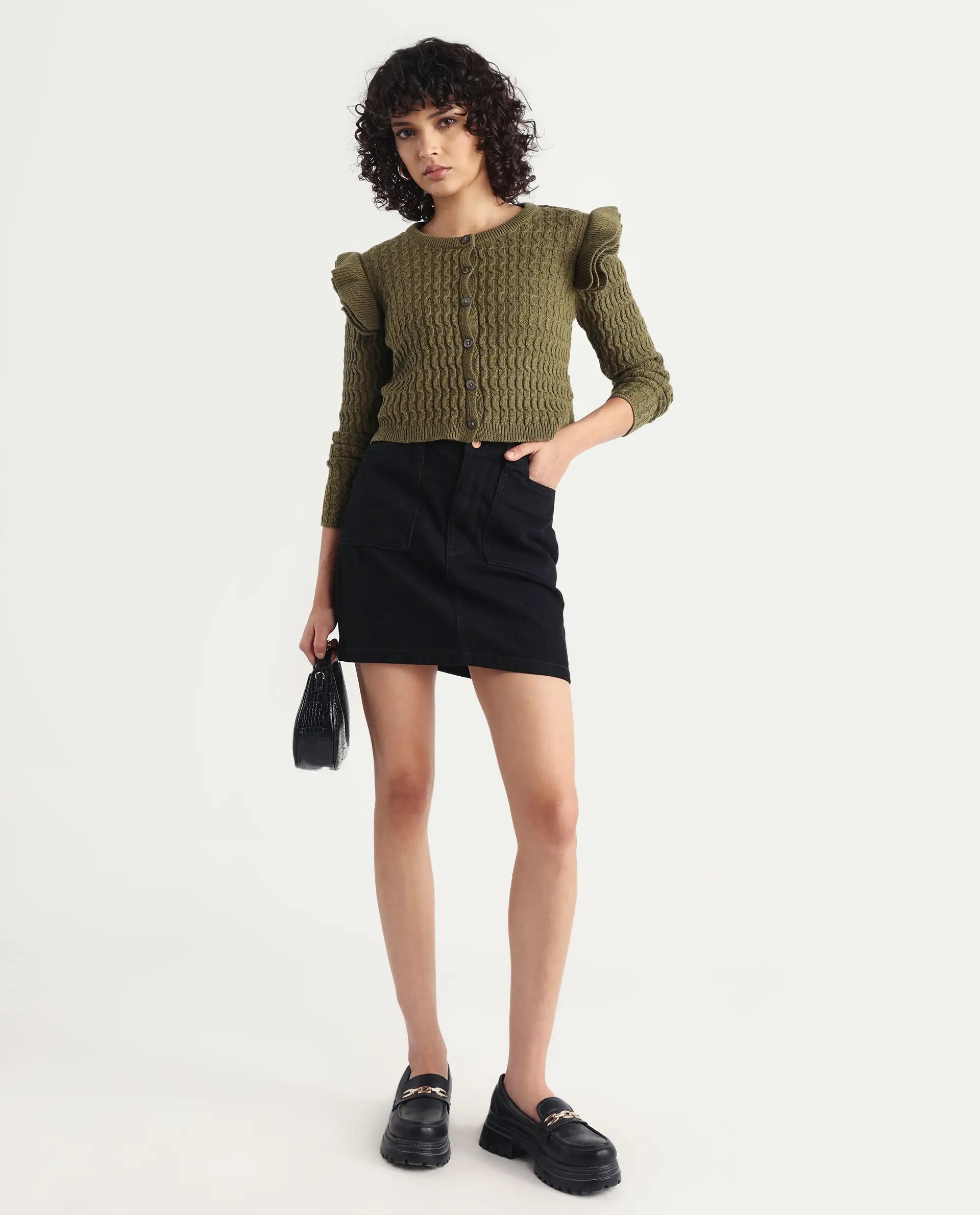 Rareism Women's Queen Olive Cotton Crew Neck Plain Regular Fit Sweater