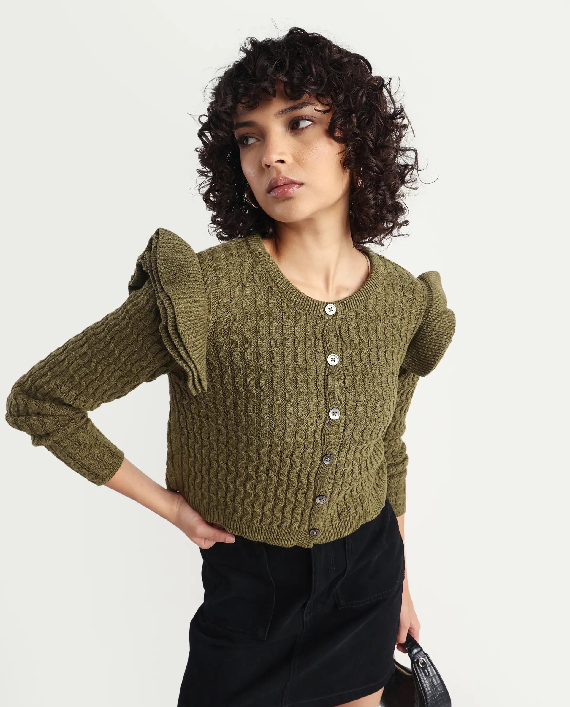 Rareism Women's Queen Olive Cotton Crew Neck Plain Regular Fit Sweater