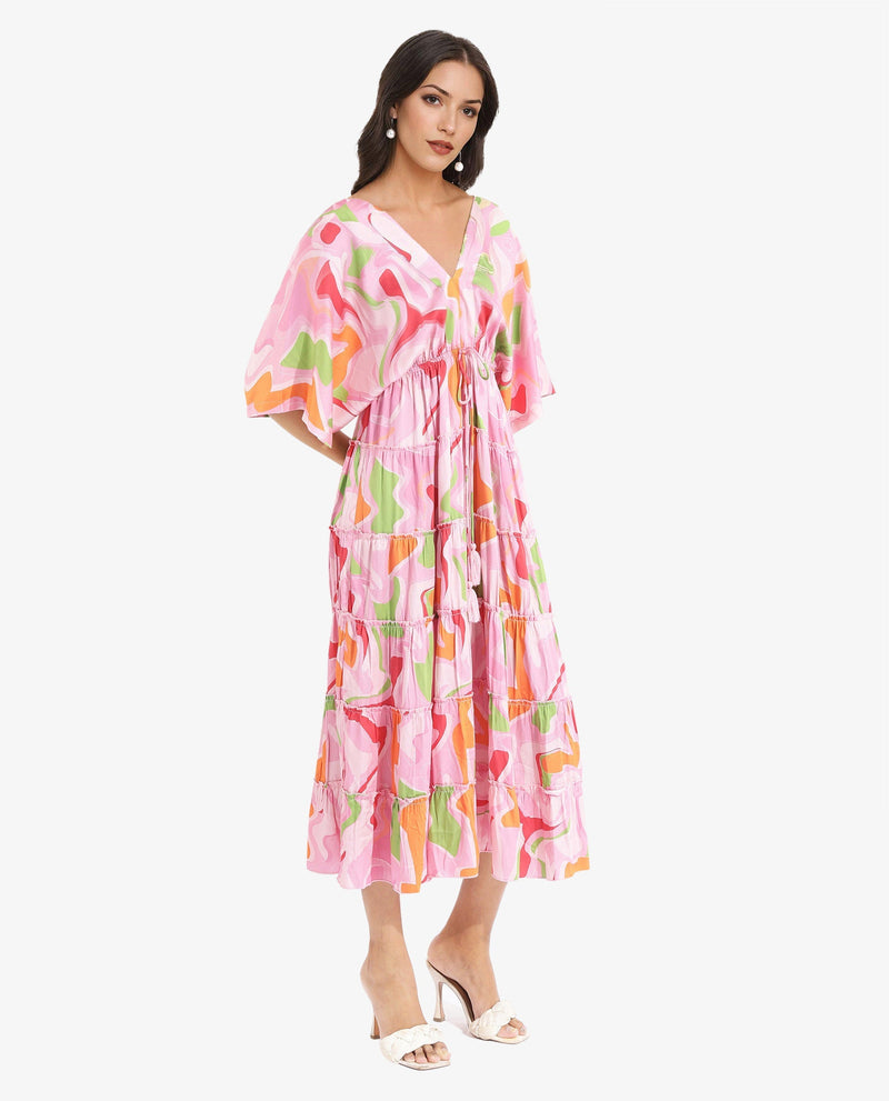 Rareism Women Quil Pastel Multi Extended Sleeves V-Neck Tie Up Fit And Flare Midi Abstract Print Dress