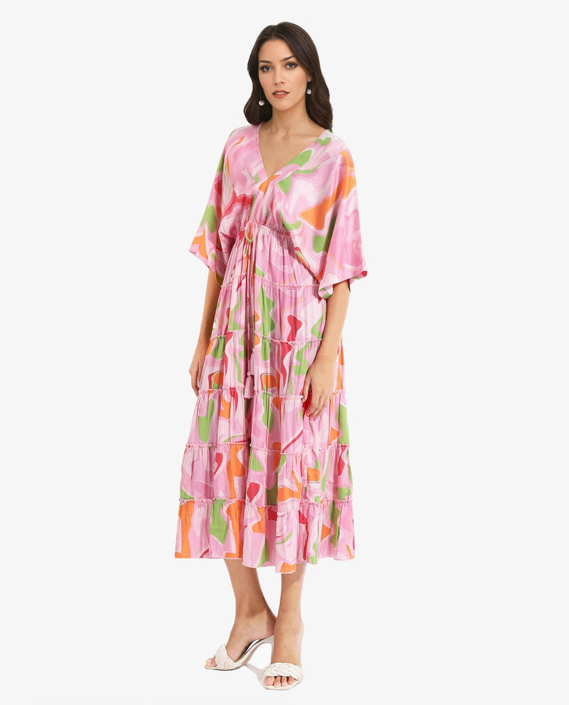 Rareism Women Quil Pastel Multi Extended Sleeves V-Neck Tie Up Fit And Flare Midi Abstract Print Dress