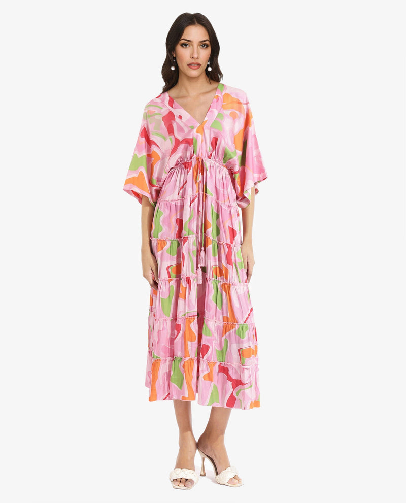 Rareism Women Quil Pastel Multi Extended Sleeves V-Neck Tie Up Fit And Flare Midi Abstract Print Dress