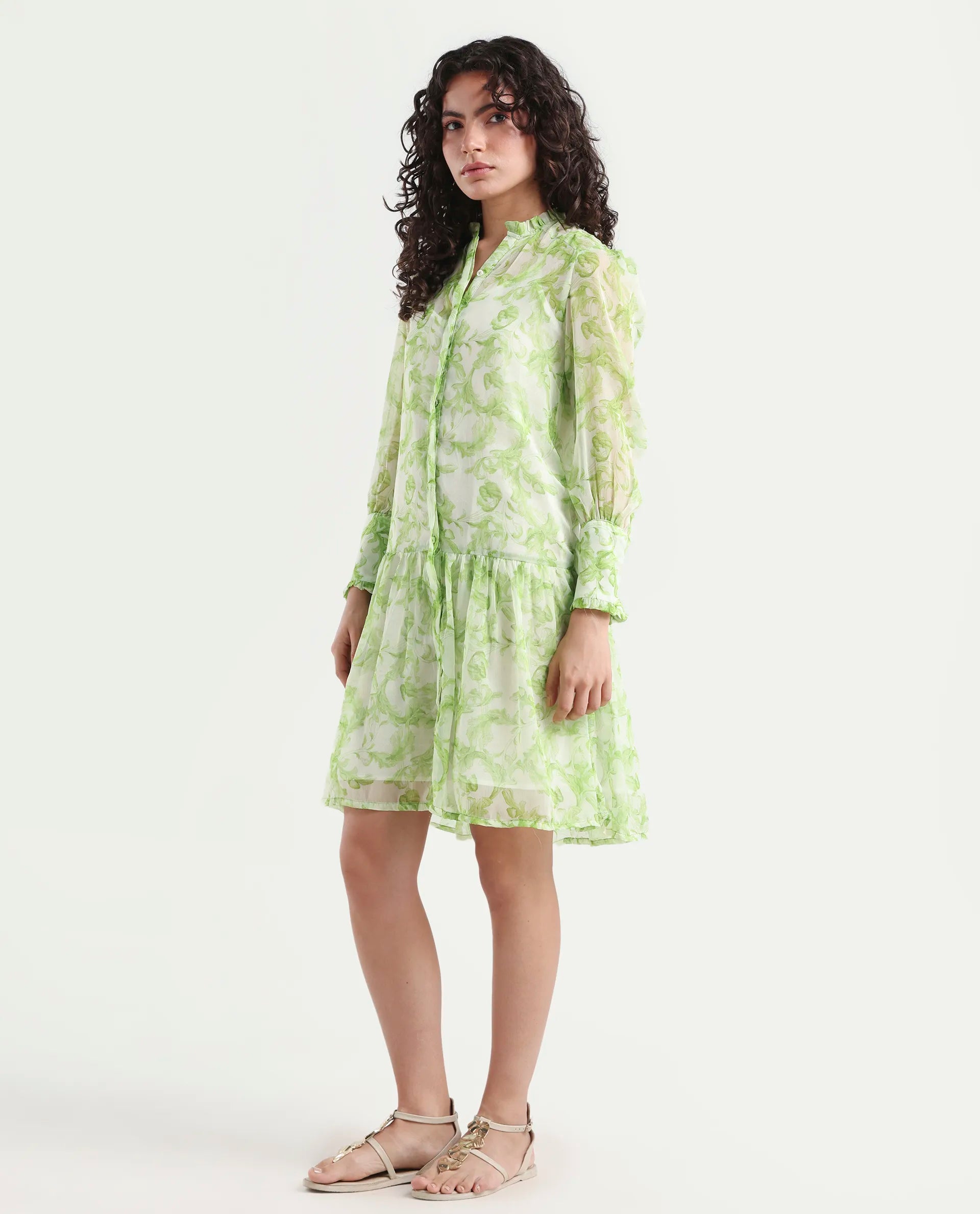 Rareism Women's Quin Green Polyester Ruffled Neck Floral Print Ruffled Sleeve Knee Length Regular Fit Dress