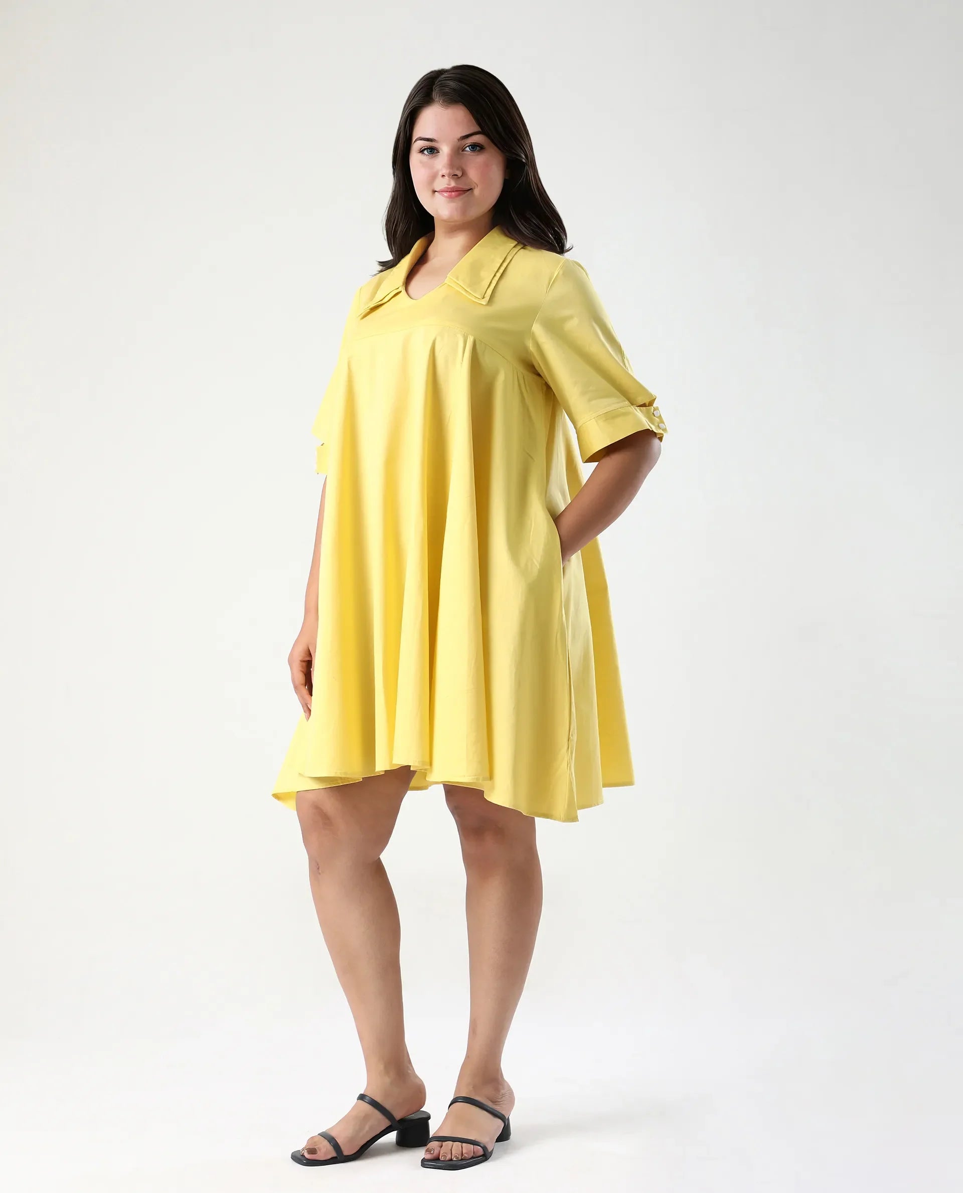 Rareism Women's Qurad Yellow Cotton Blend Johnny Collar Plain Cutout Sleeve Mini Flared Dress