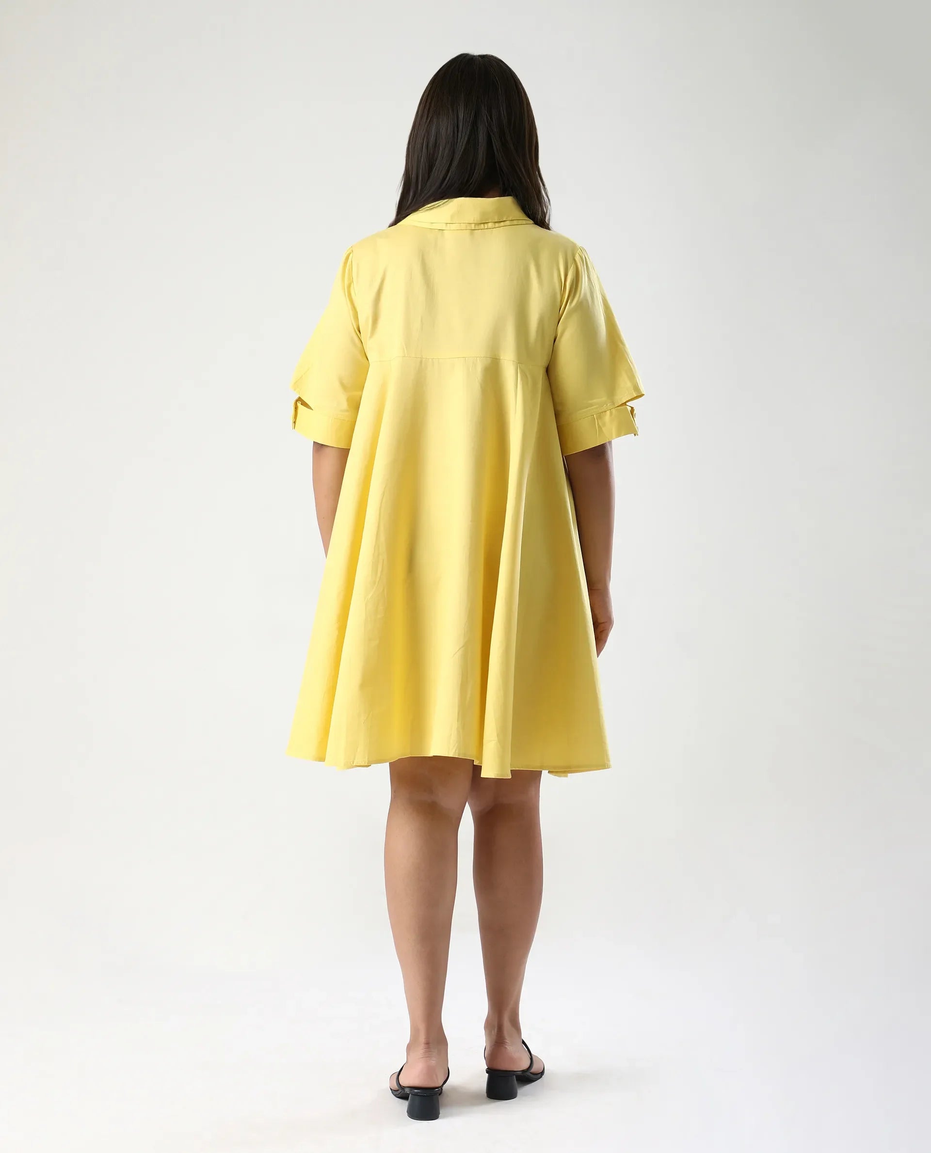 Rareism Women's Qurad Yellow Cotton Blend Johnny Collar Plain Cutout Sleeve Mini Flared Dress