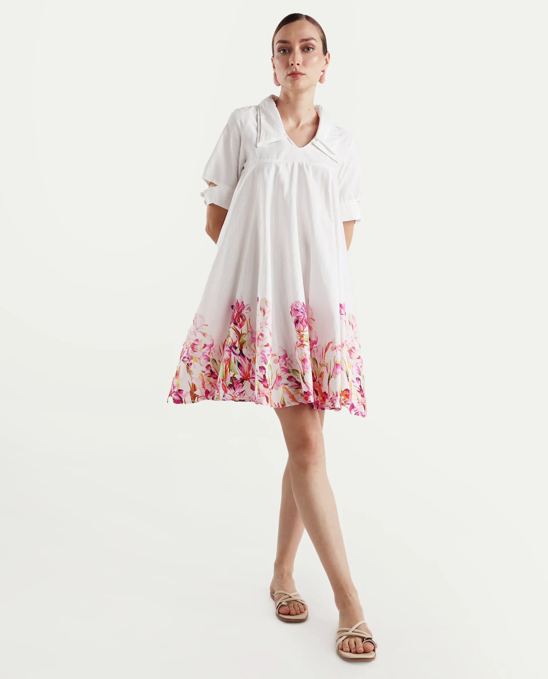 Rareism Women's Qura Multi Cotton Blend Johnny Collar Floral Print Cutout Sleeve Knee Length Flared Dress