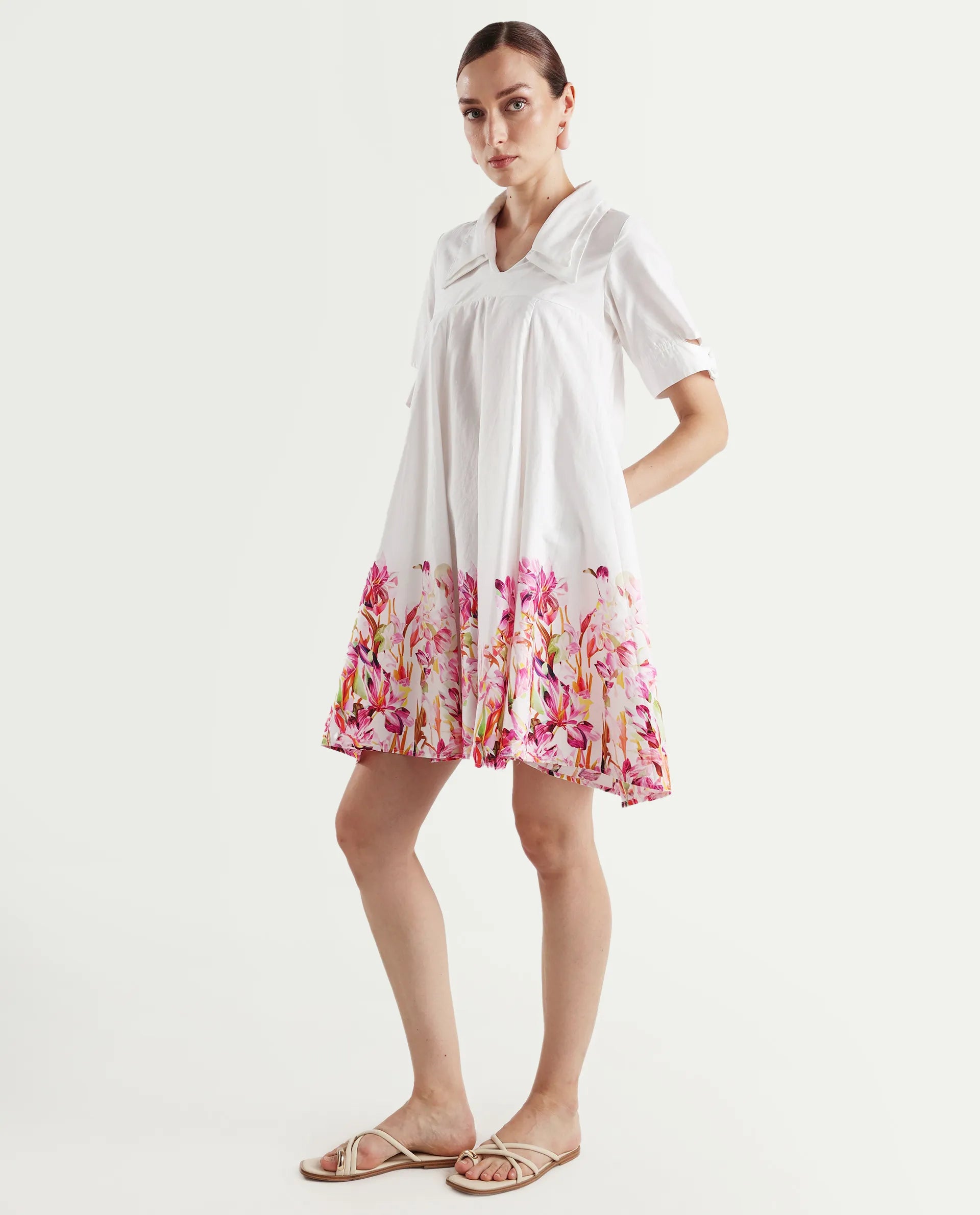 Rareism Women's Qura Multi Cotton Blend Johnny Collar Floral Print Cutout Sleeve Knee Length Flared Dress