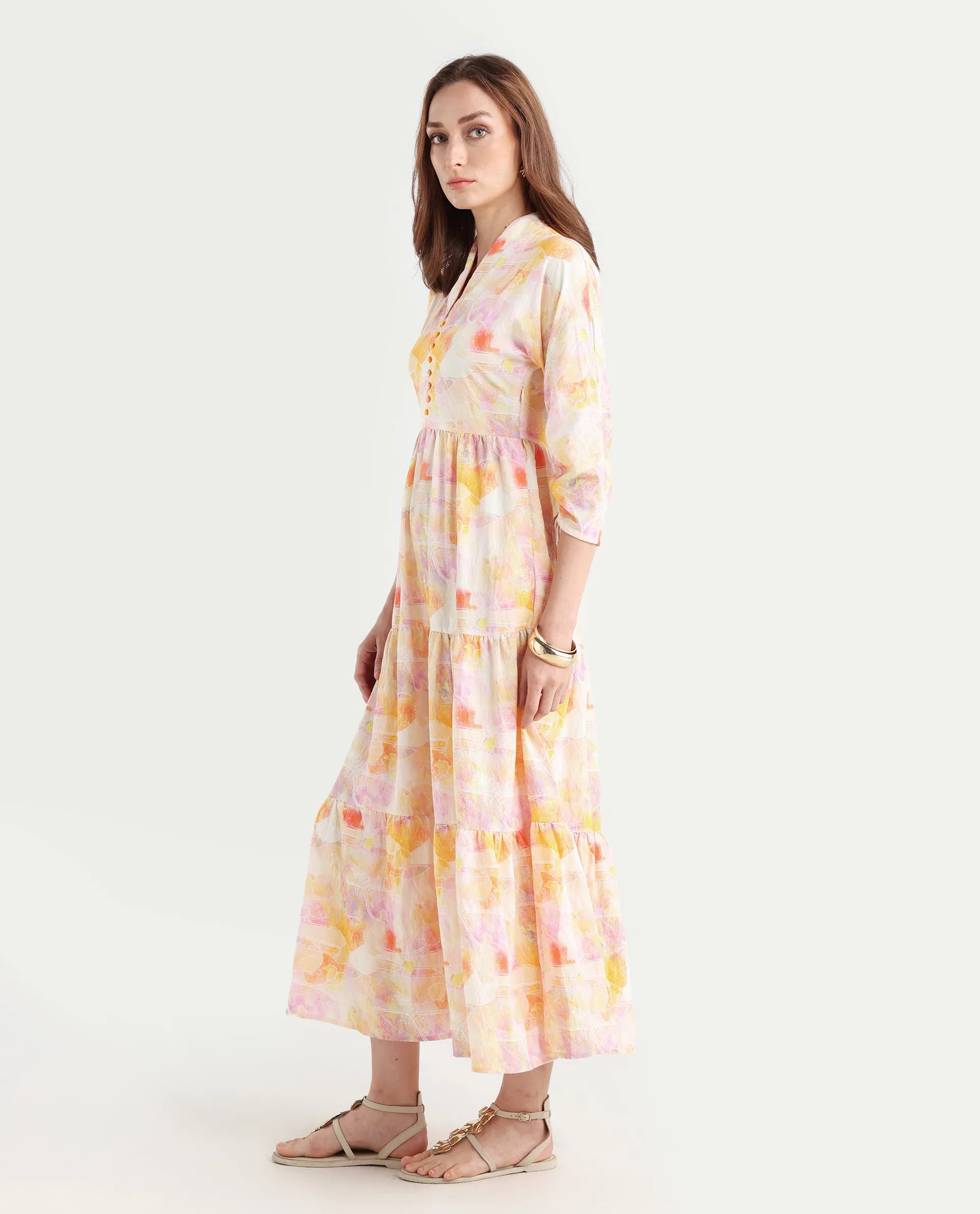 Rareism Women's Qurobi Pastel Multi Nylon Blend Built-Up Neck Abstract Print Kimono Sleeve Maxi Fit And Flare Dress