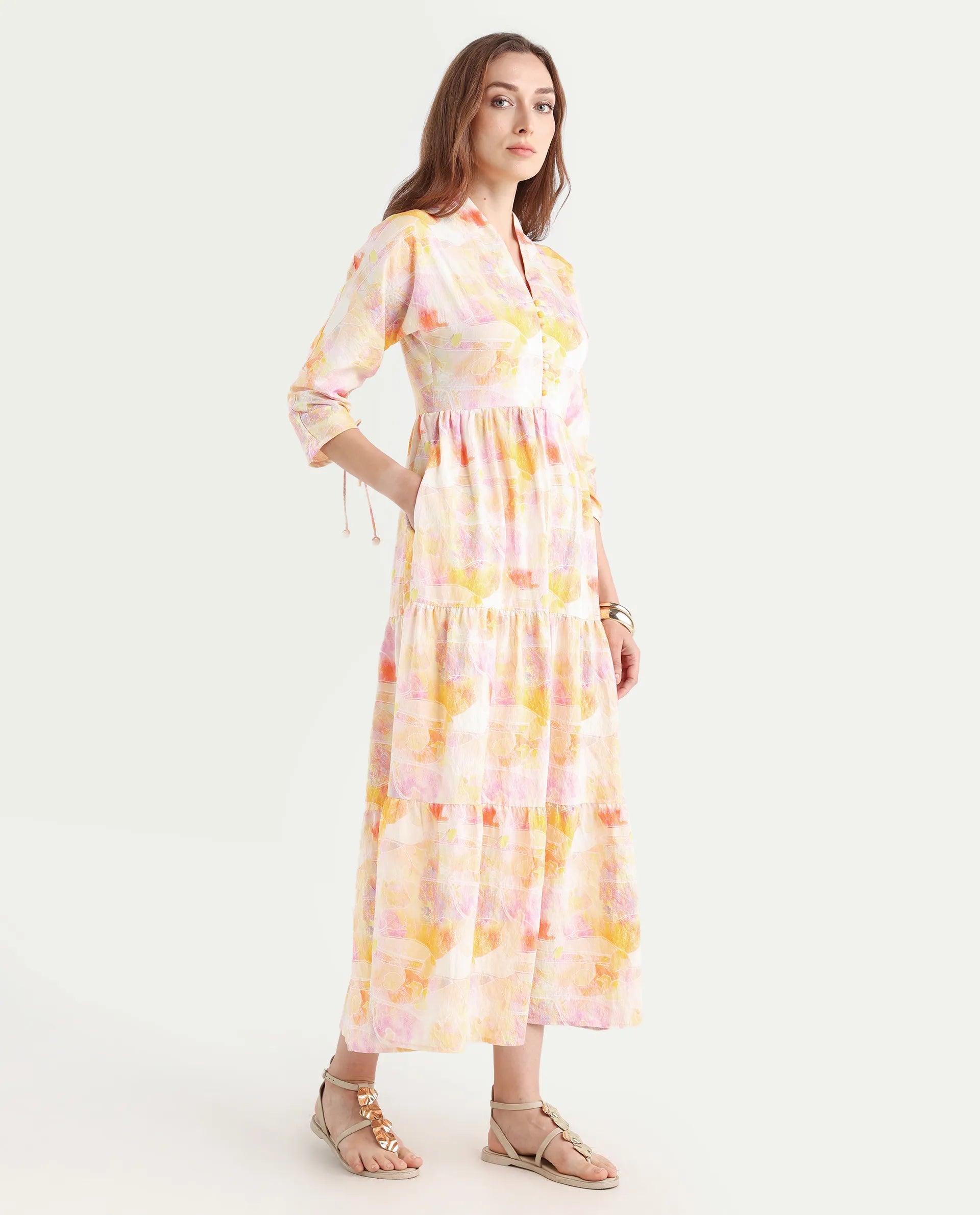 Rareism Women's Qurobi Pastel Multi Nylon Blend Built-Up Neck Abstract Print Kimono Sleeve Maxi Fit And Flare Dress