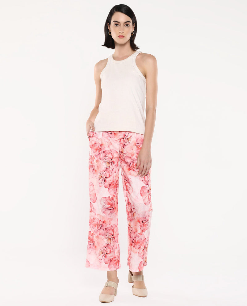 Rareism Women Quzal Pink Straight Fit Ankle Length Floral Print Trouser