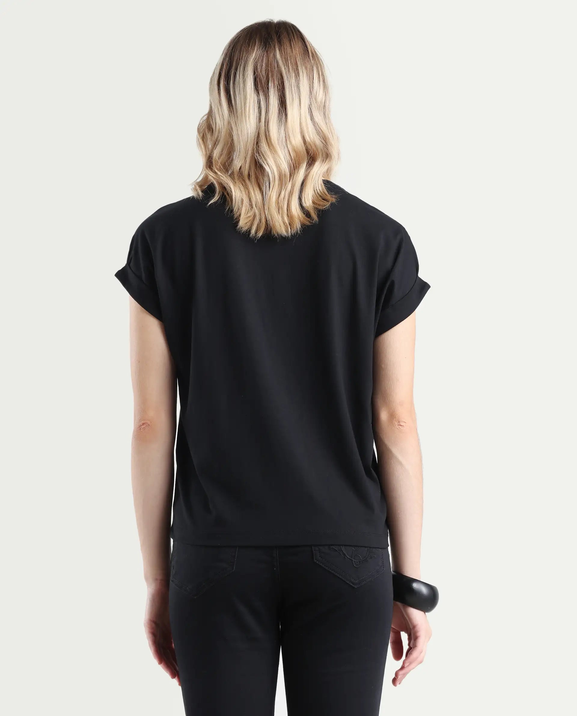 Rareism Women's Rabe Black Cotton Blend Crew Neck Relaxed Fit T-Shirt