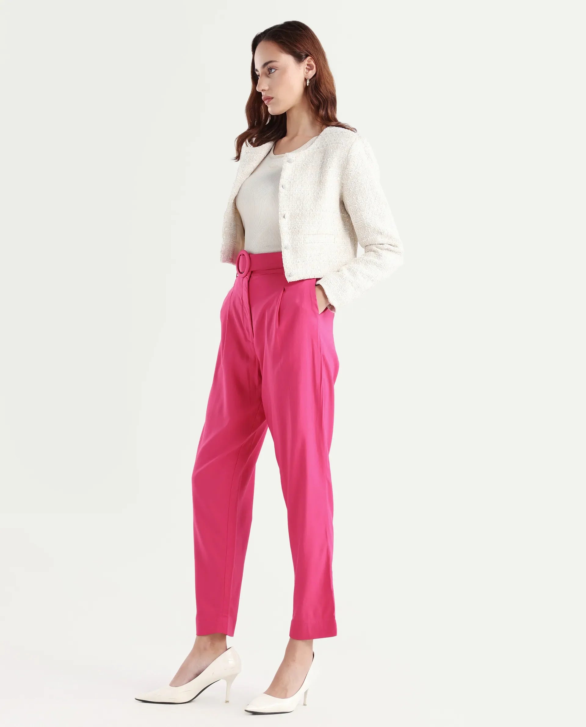 Rareism Women's Rachel Pink Polyester Blend Plain Ankle Length Tailored Trouser