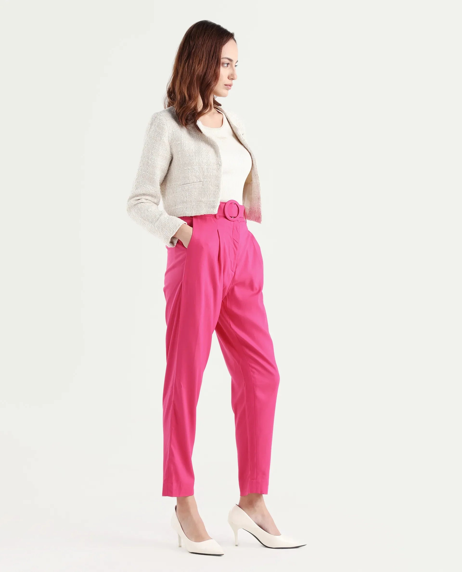 Rareism Women's Rachel Pink Polyester Blend Plain Ankle Length Tailored Trouser