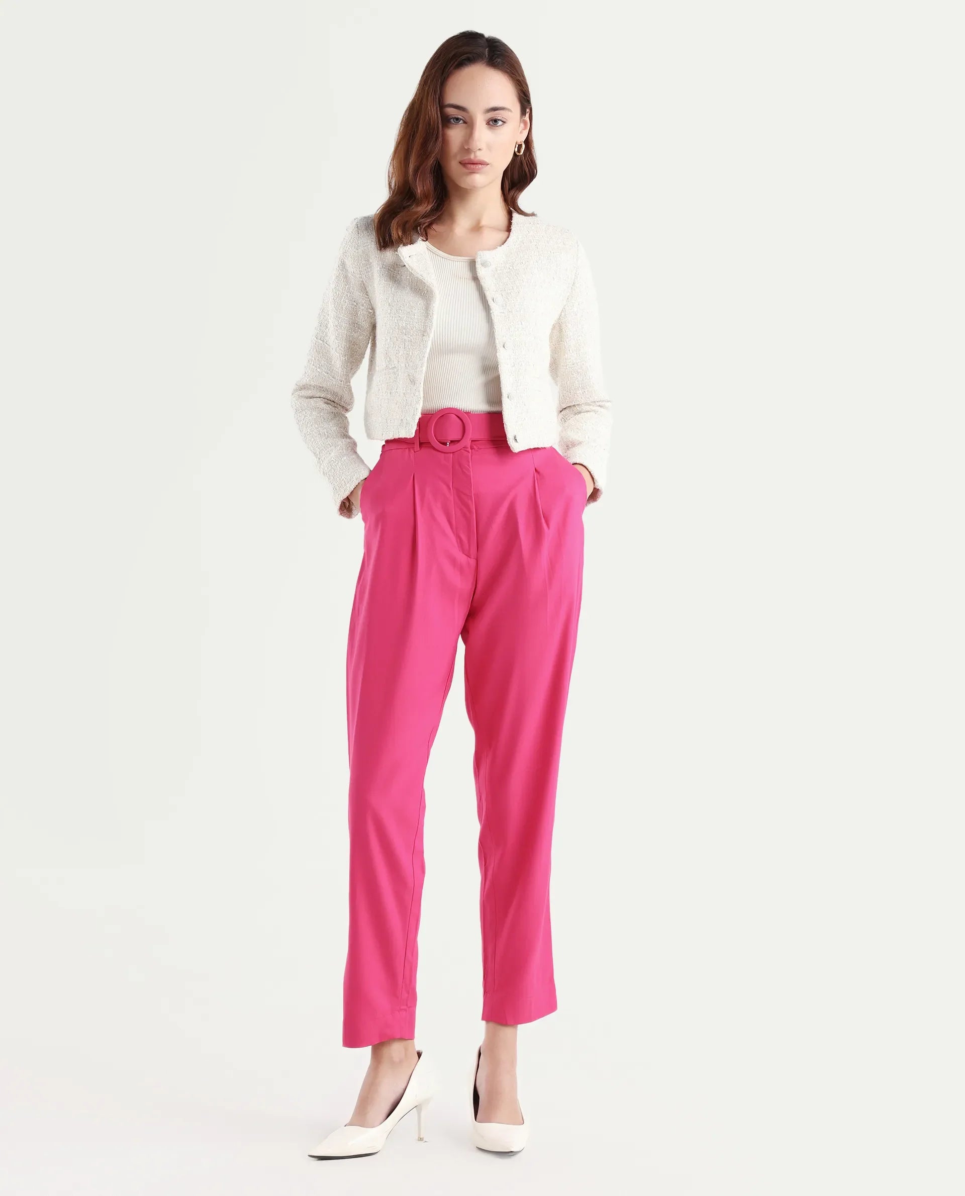 Rareism Women's Rachel Pink Polyester Blend Plain Ankle Length Tailored Trouser