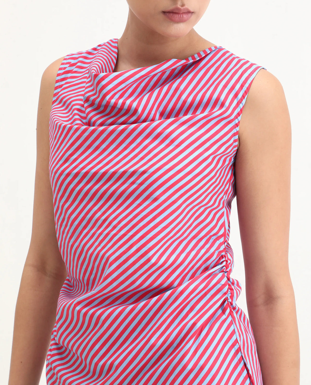Rareism Women's Radar Light Blue Cotton Cowl Neck Striped Sleeveless Regular Fit Top