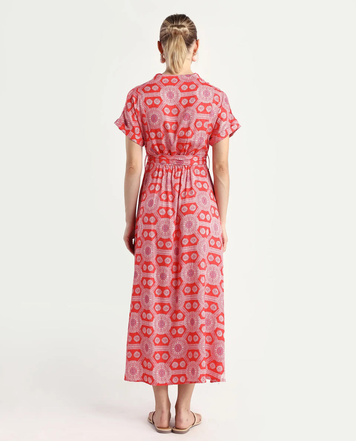 Rareism Women's Rada Red Cotton V-Neck Geometric Print Flutter Sleeve Midi A-Line Dress