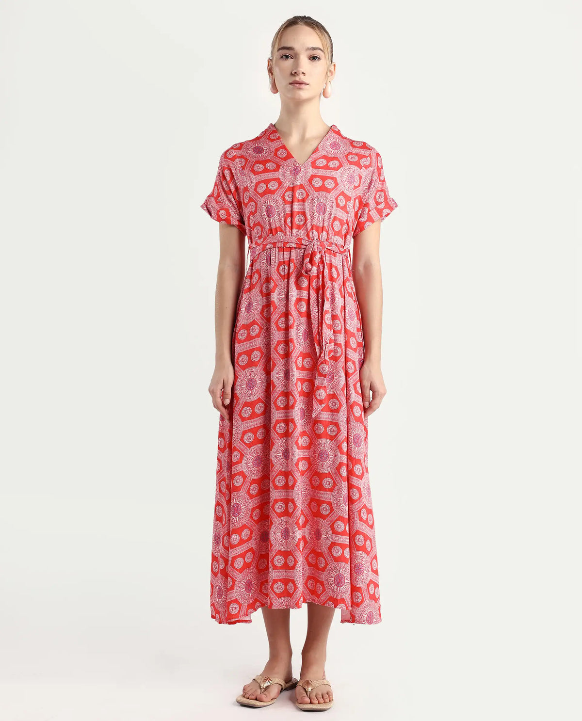 Rareism Women's Rada Red Cotton V-Neck Geometric Print Flutter Sleeve Midi A-Line Dress