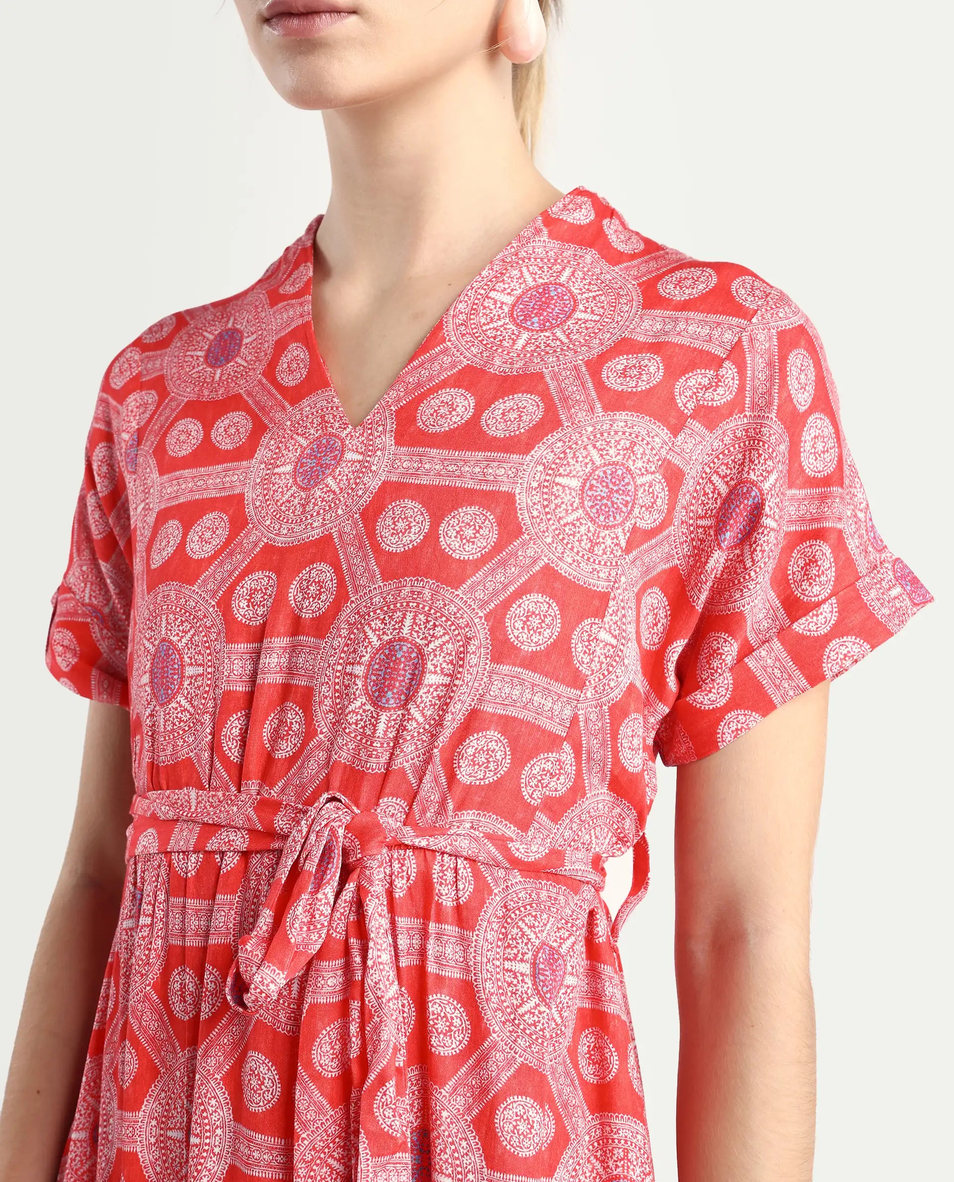 Rareism Women's Rada Red Cotton V-Neck Geometric Print Flutter Sleeve Midi A-Line Dress