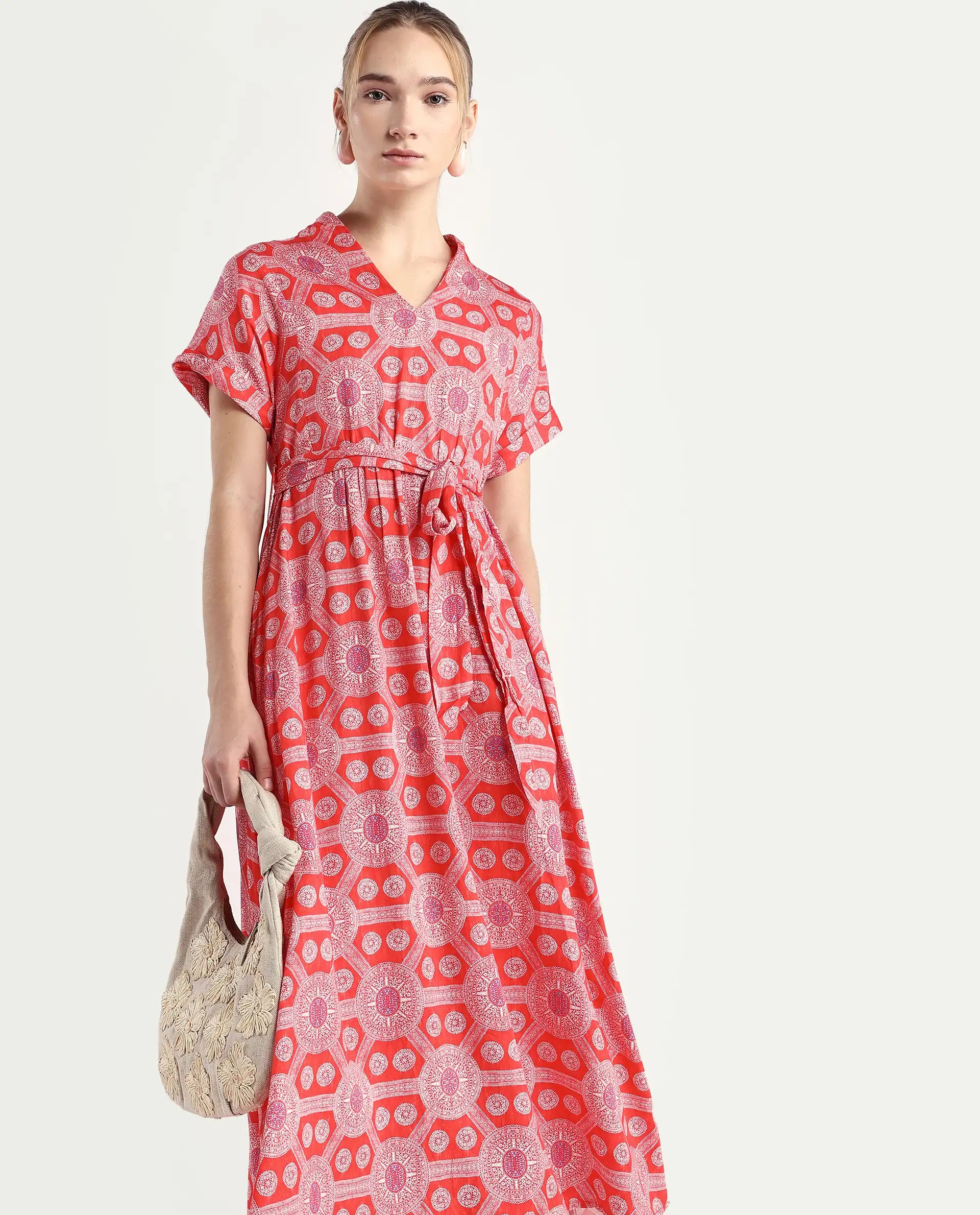 Rareism Women's Rada Red Cotton V-Neck Geometric Print Flutter Sleeve Midi A-Line Dress