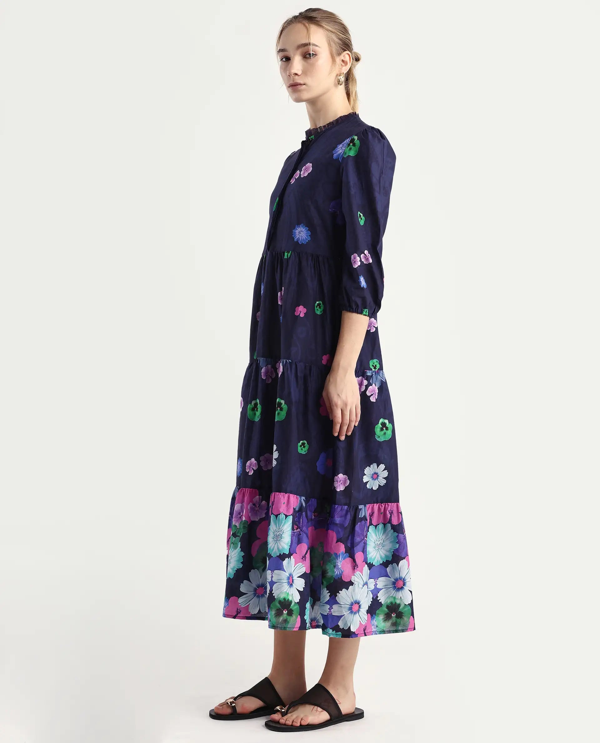 Rareism Women's Ragen Navy Cotton High Neck Floral Print Balloon Sleeve Knee Length Regular Fit Dress