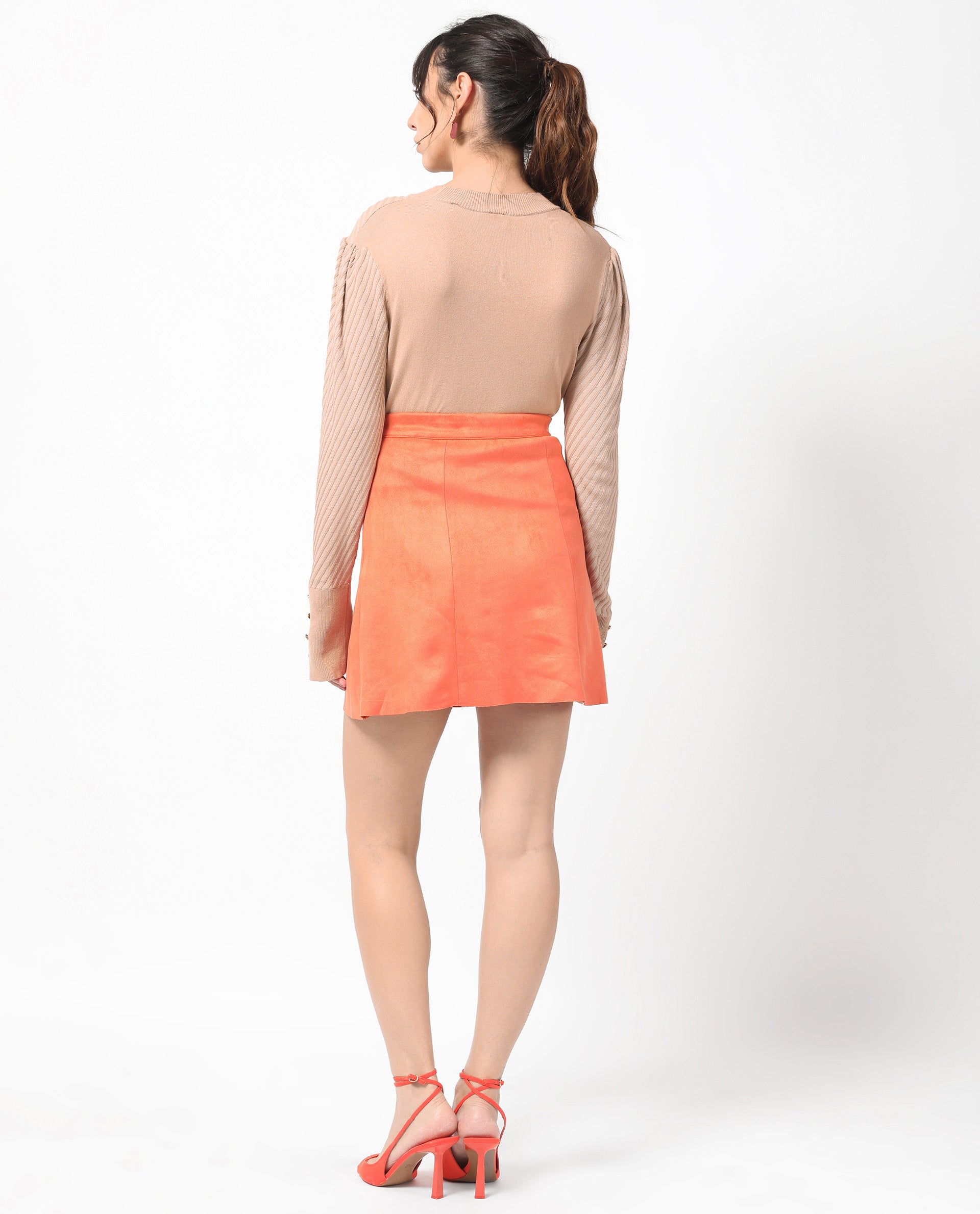 Rareism Women's Rame Orange Polyester Plain Midi Regular Fit Skirt