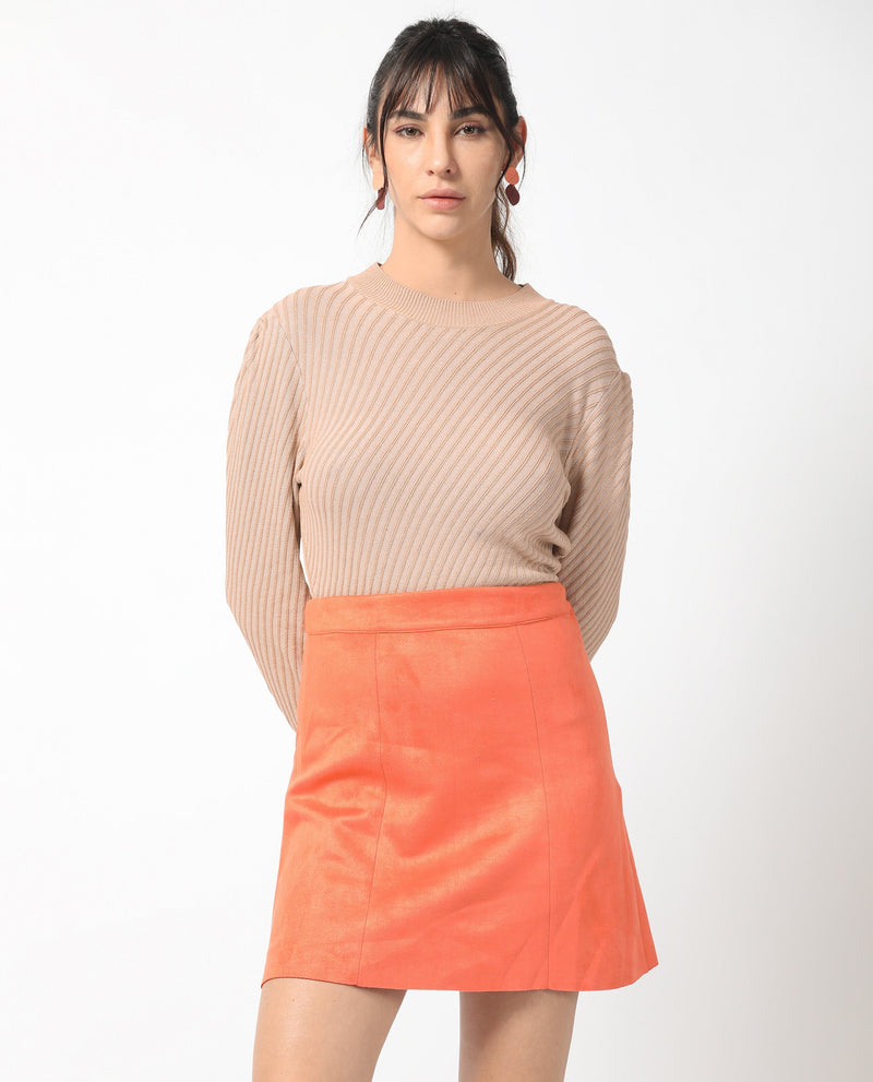 Rareism Women Rame Orange Polyester Fabric Regular Fit High Rise Solid Midi Skirt