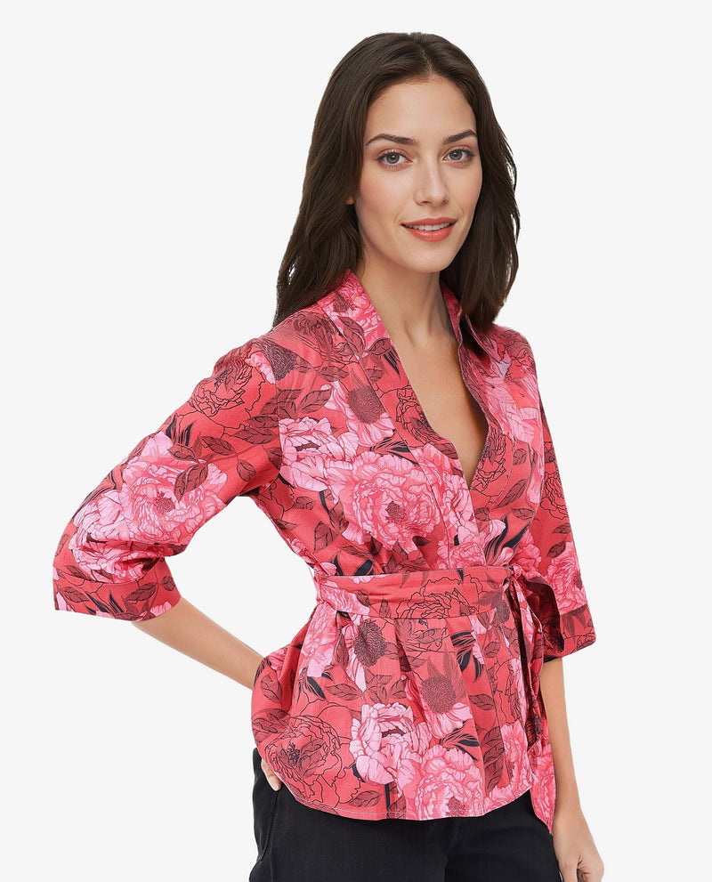 Rareism Women Ramo Red 3/4Th Sleeve Over Lap Neck Floral Print Top