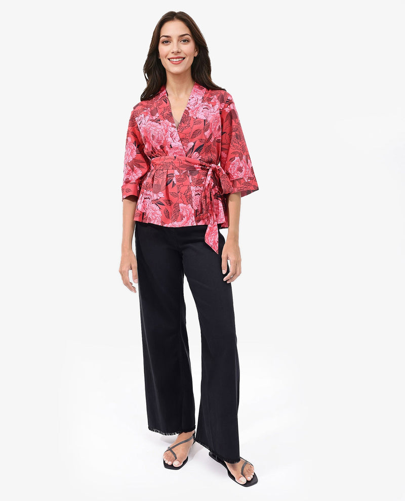 Rareism Women Ramo Red 3/4Th Sleeve Over Lap Neck Floral Print Top