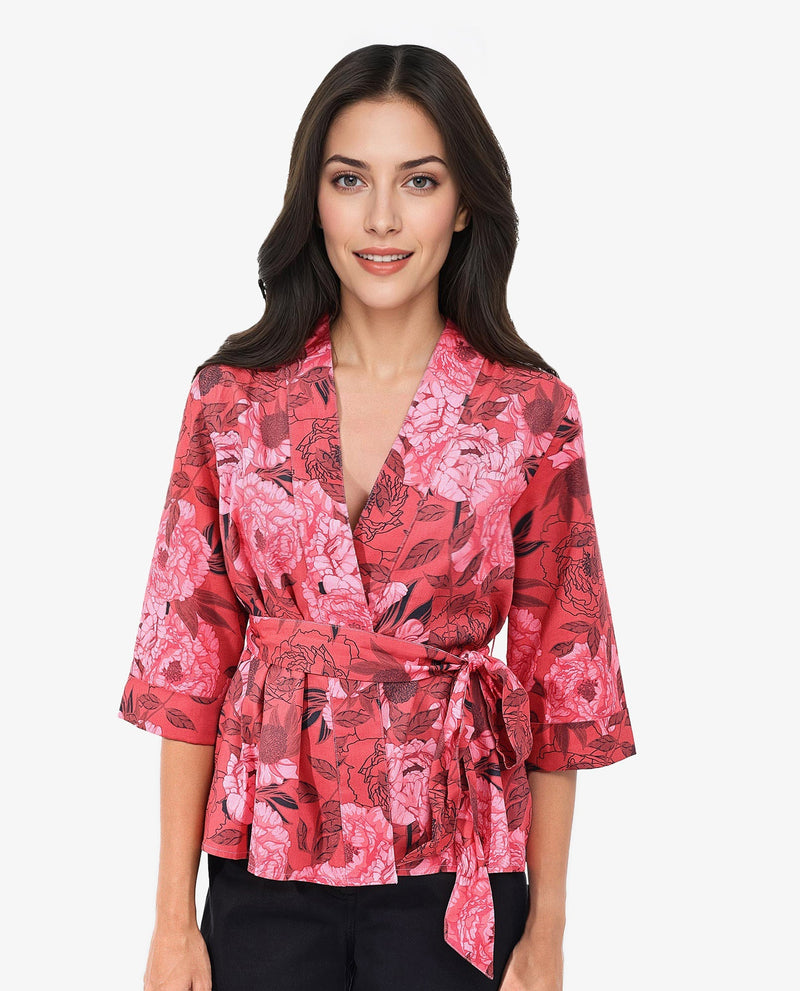 Rareism Women Ramo Red 3/4Th Sleeve Over Lap Neck Floral Print Top