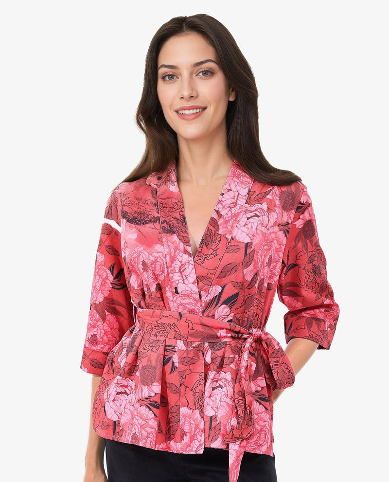 Rareism Women Ramo Red 3/4Th Sleeve Over Lap Neck Floral Print Top