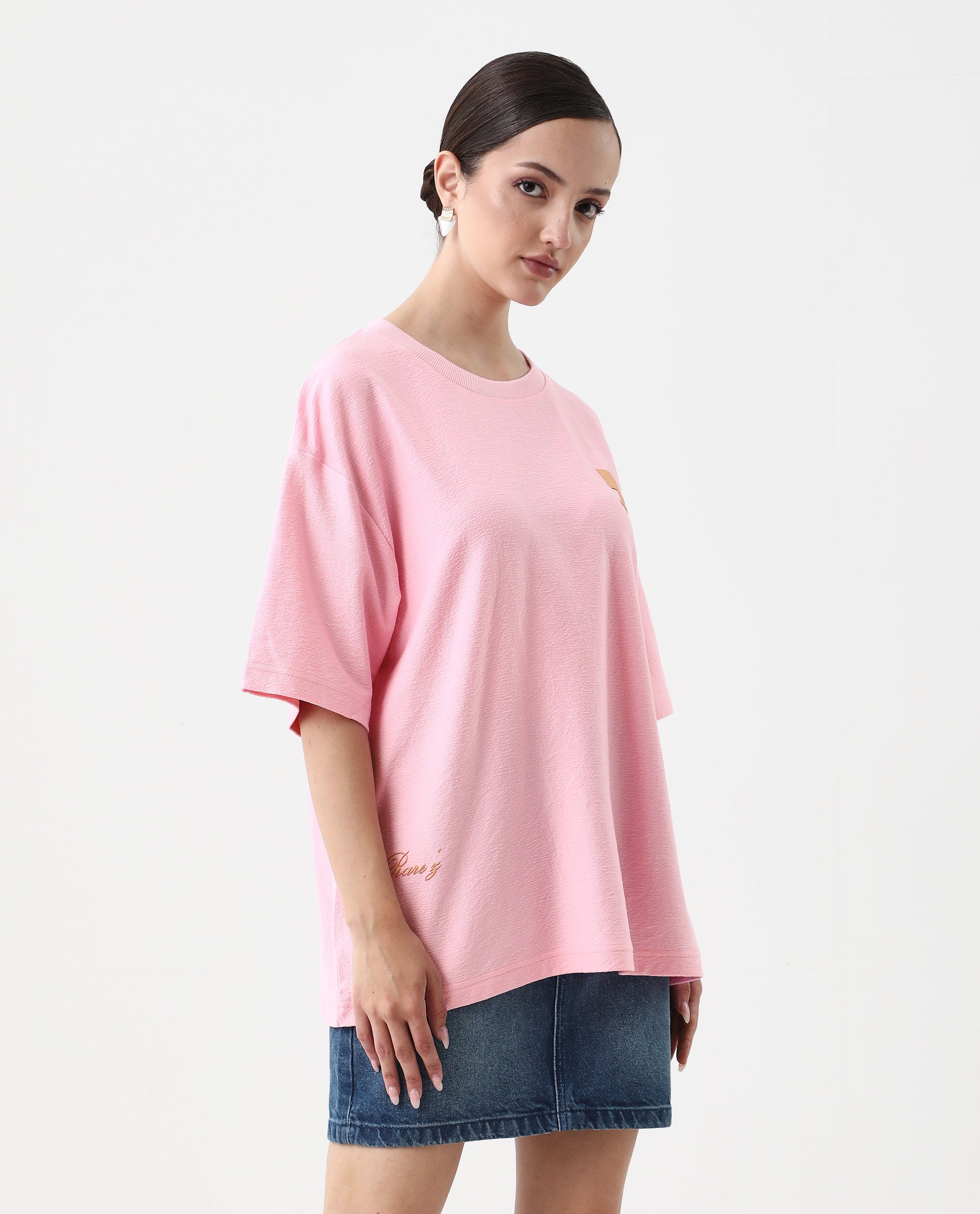 Rareism Women's Ransa Pink Cotton Graphic Print Oversized T-Shirt