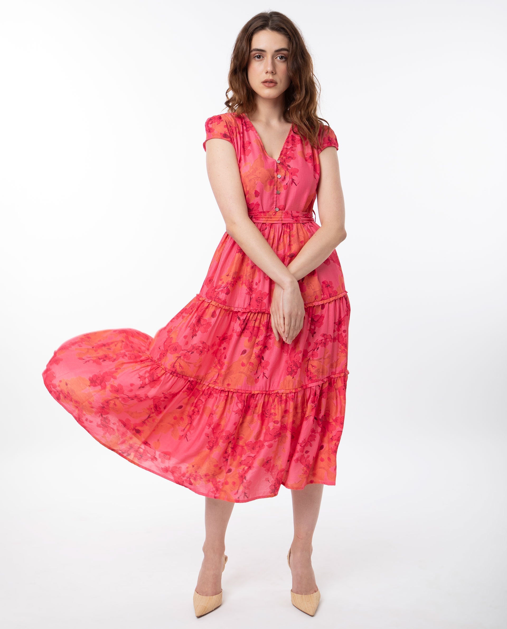 Rareism Women Rauena Pink Poly Viscose Fabric Short Sleeves Button Closure V-Neck Cap Sleeve Regular Fit Floral Print Midi Empire Dress