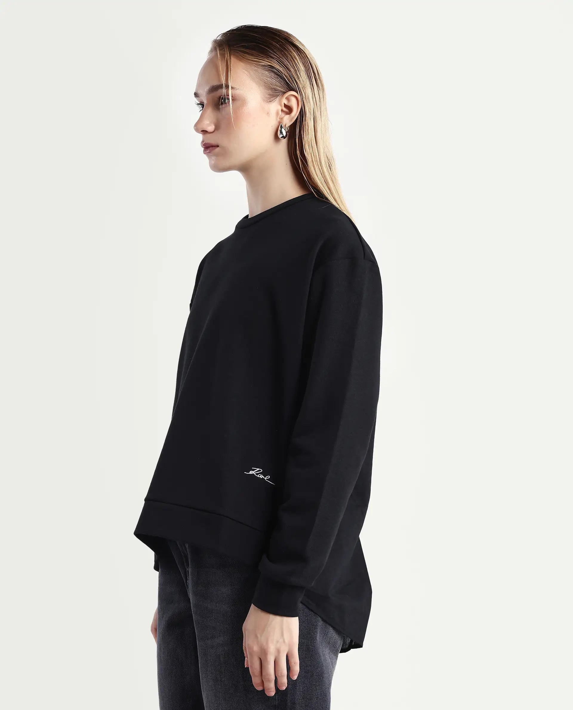 Rareism Women's Raze Black Cotton Blend Crew Neck Relaxed Fit Printed Sweatshirt