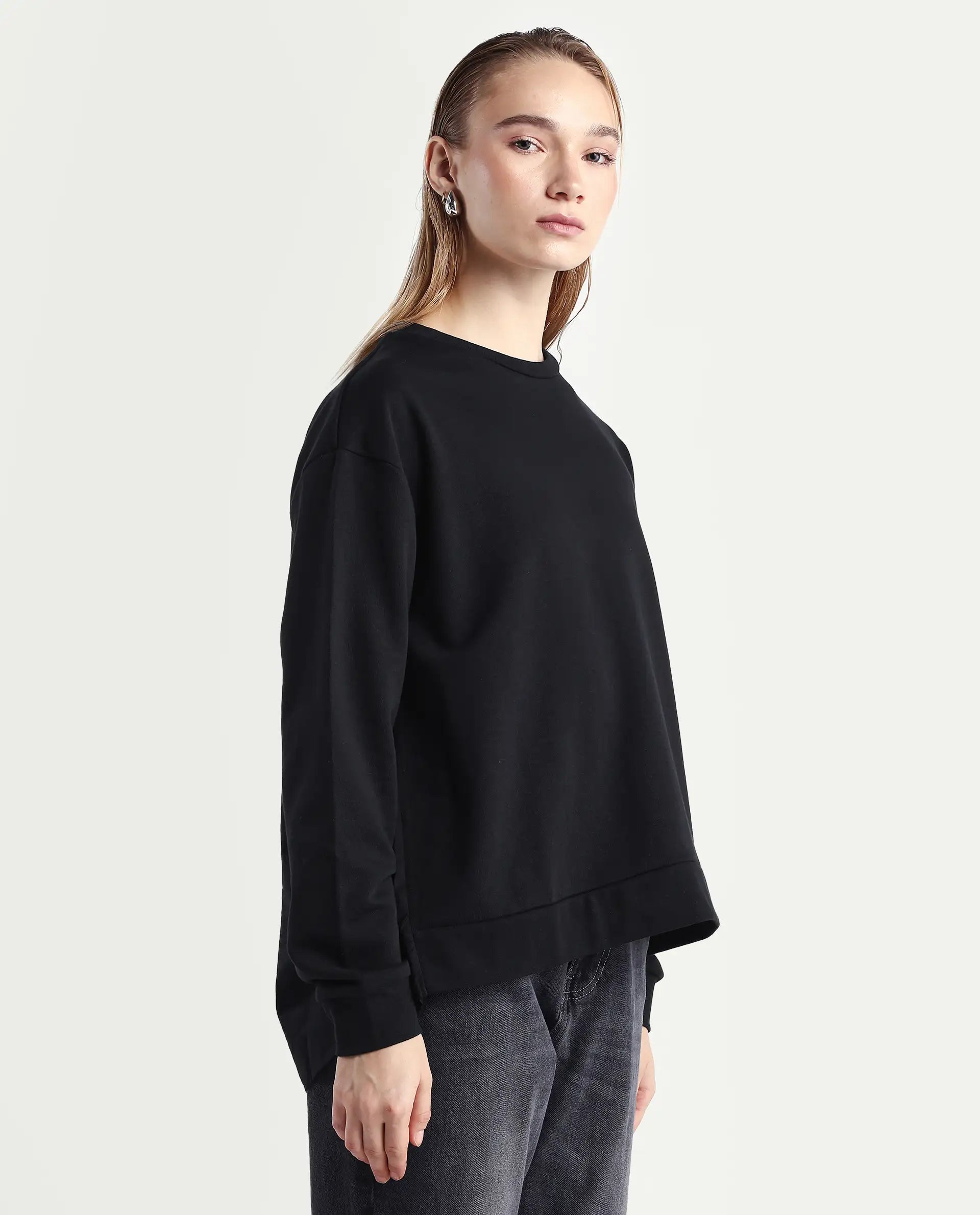 Rareism Women's Raze Black Cotton Blend Crew Neck Relaxed Fit Printed Sweatshirt