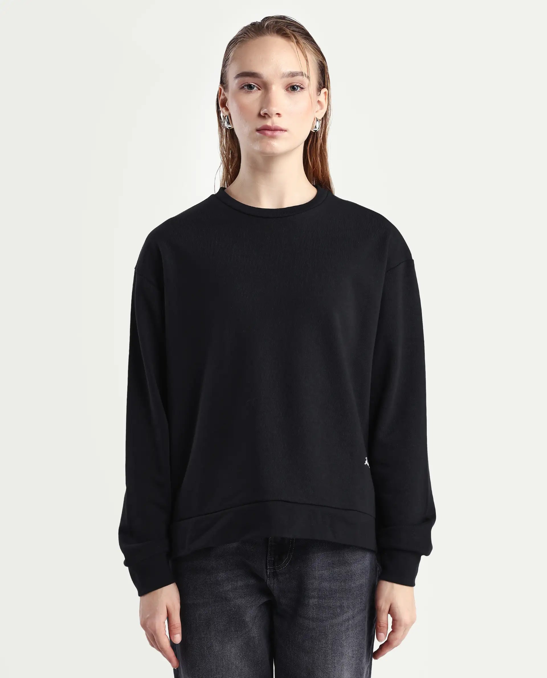 Rareism Women's Raze Black Cotton Blend Crew Neck Relaxed Fit Printed Sweatshirt